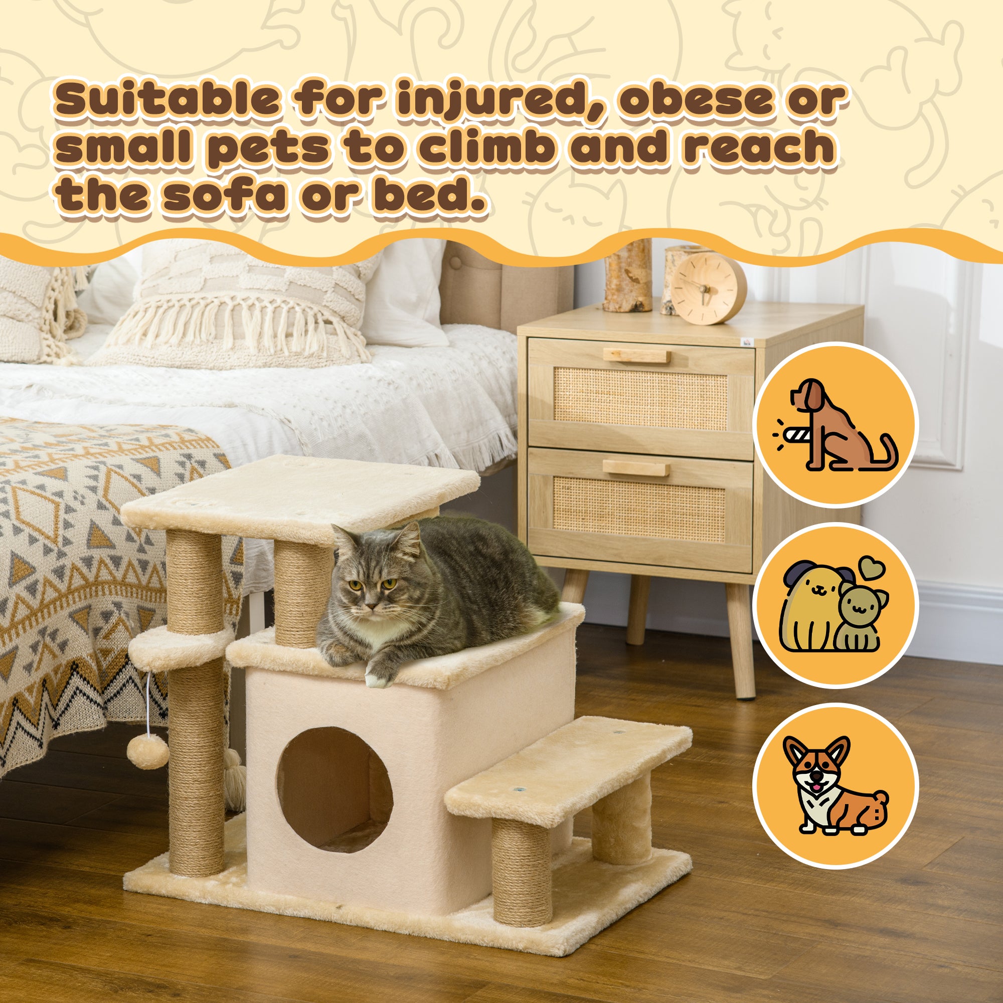 PawHut Adjustable Cat Steps, with House & Hanging Toy Ball - Beige - North Peak Garden Furniture