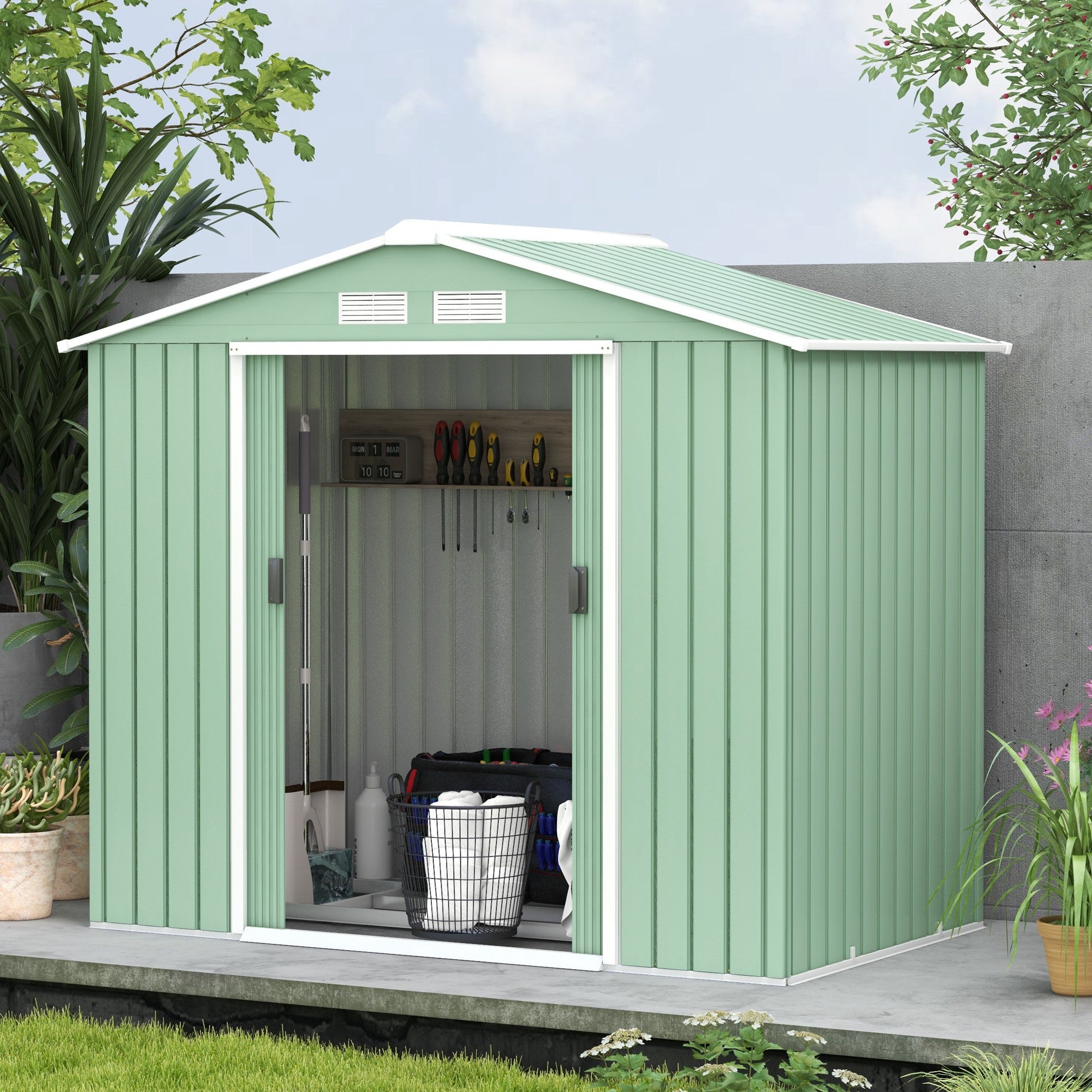 Outsunny 7 x 4ft Metal Garden Shed, Outdoor Storage Tool House with Ventilation Slots, Foundation Kit and Lockable Double Doors, Light Green - North Peak Garden Furniture