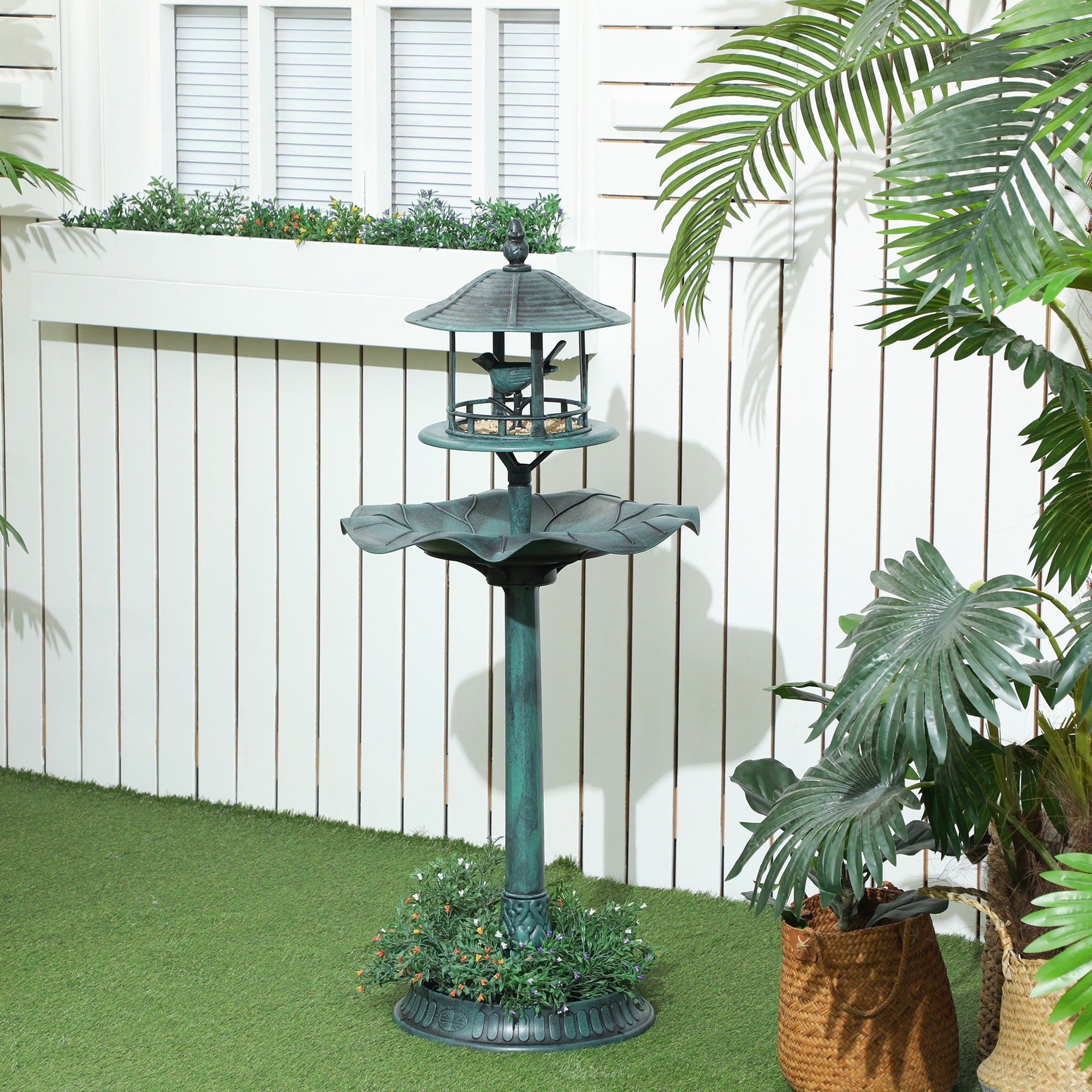 Outsunny 3-in-1 Garden Bird Bath, Freestanding Birdbath with Large Water Basin, Underneath Flower Planter, Φ50 x 113 cm, Green