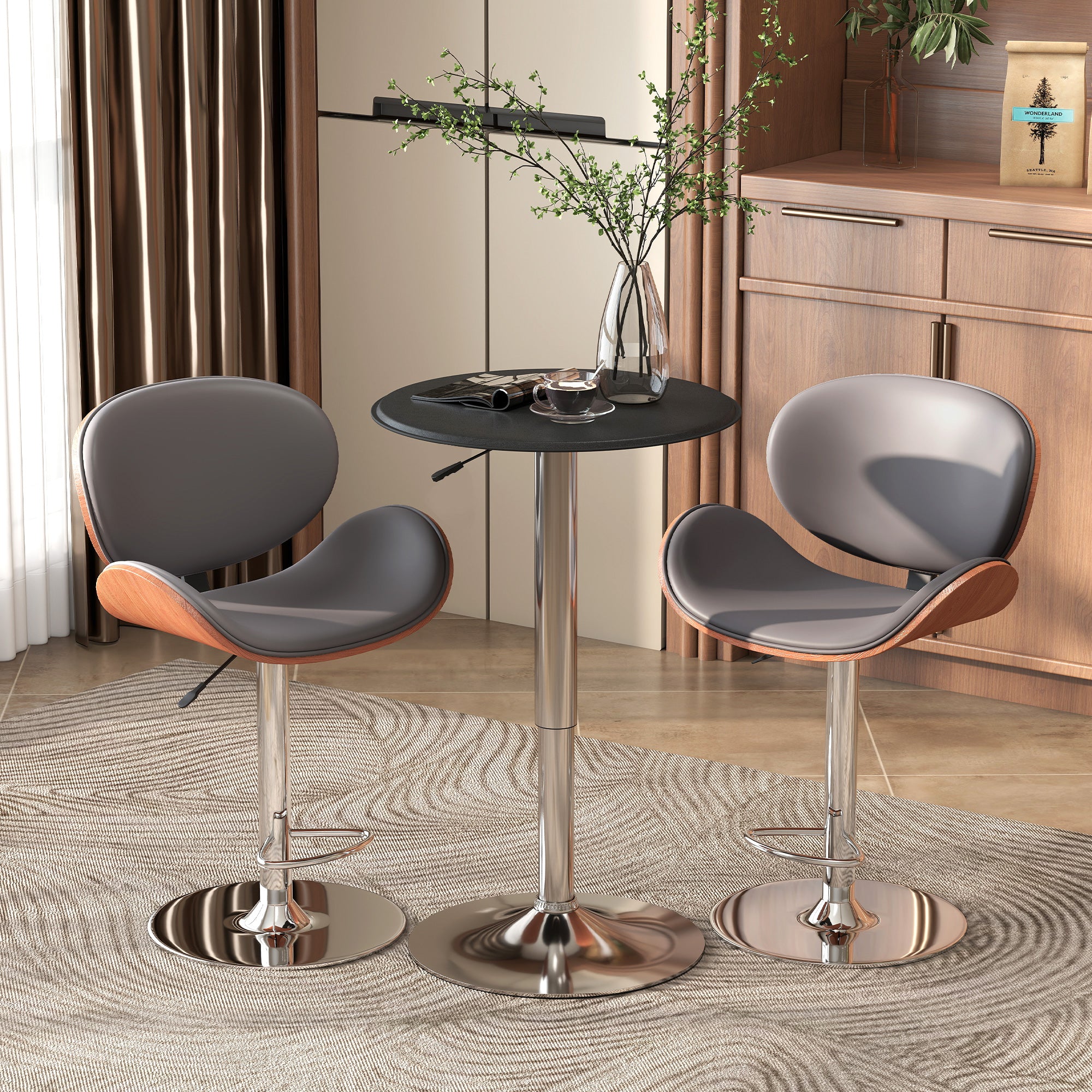 HOMCOM Adjustable Round Bistro Bar Table with PVC Leather Top Steel Base Home Kitchen Dining Desk  Black