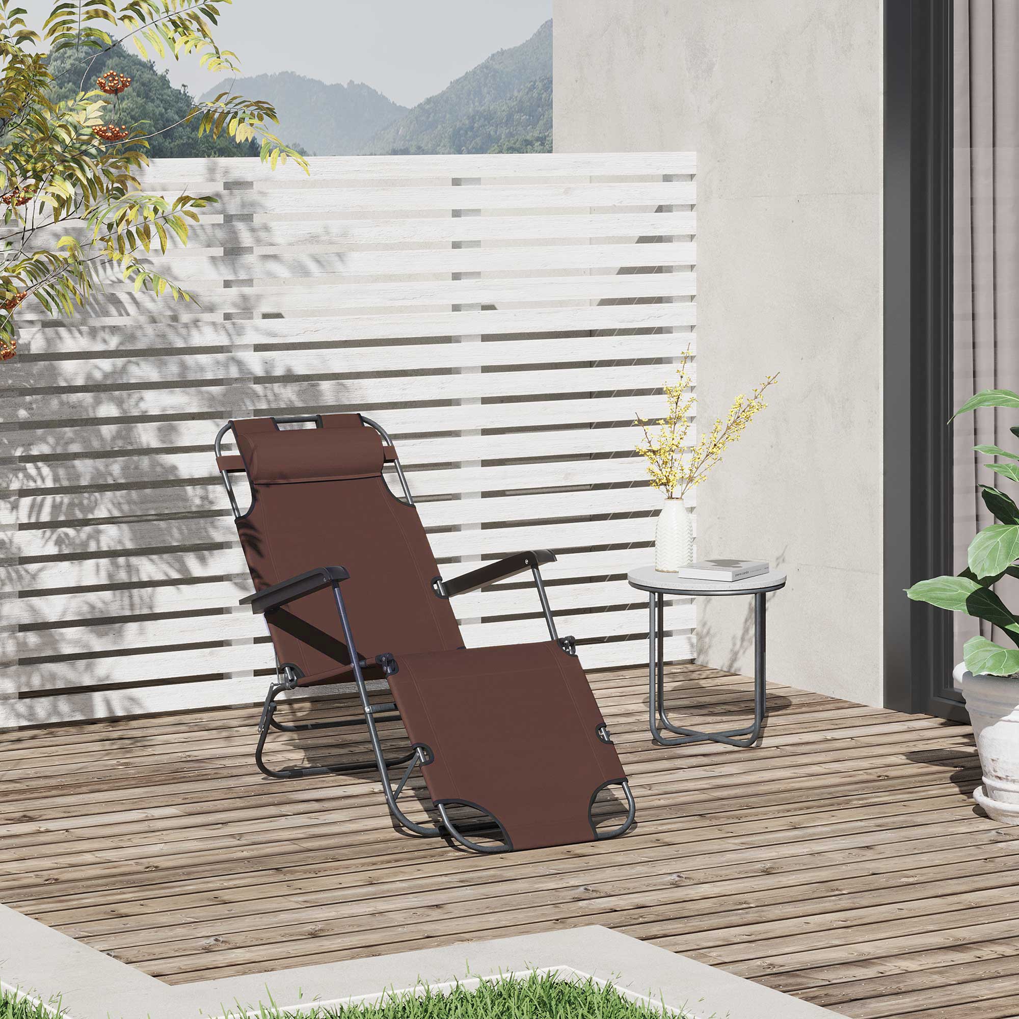 Outsunny 2 in 1 Sun Lounger Folding Reclining Chair Garden Outdoor Camping Adjustable Back with Pillow, Brown - North Peak Garden Furniture