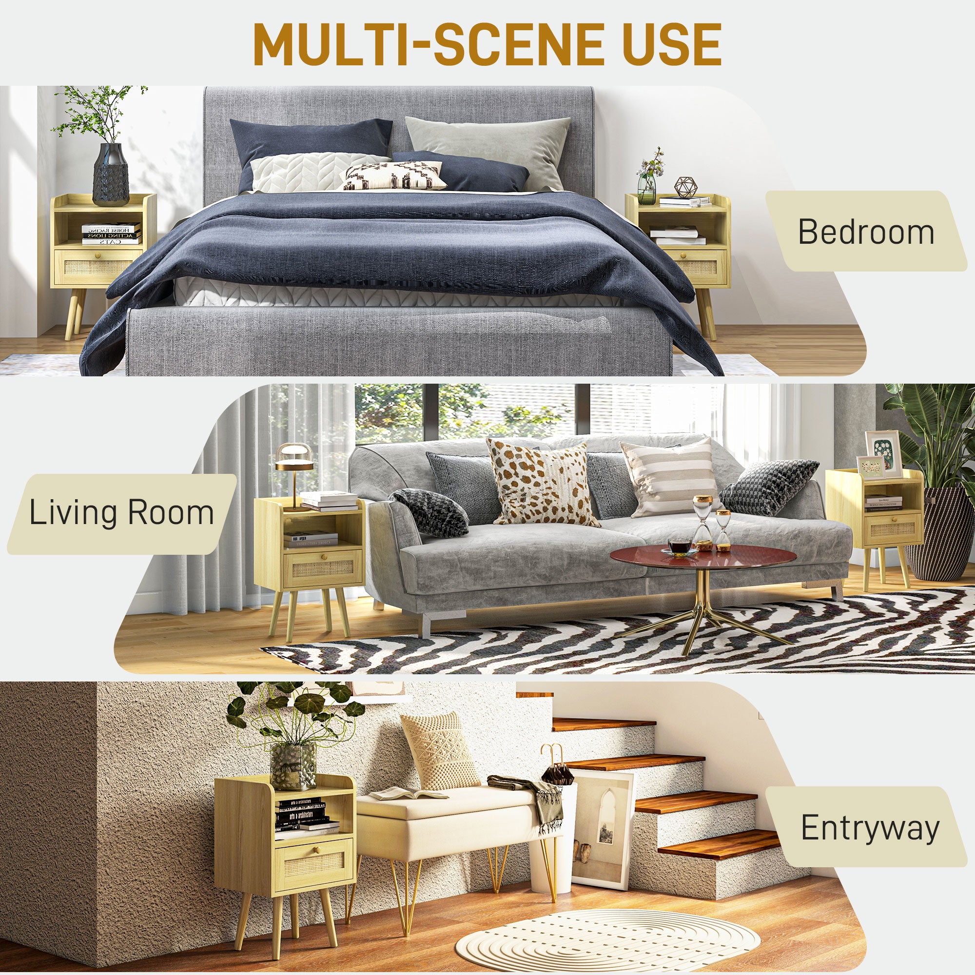 HOMCOM Set of Two Rattan Weave Bedside Tables - Wood Effect - North Peak Garden Furniture