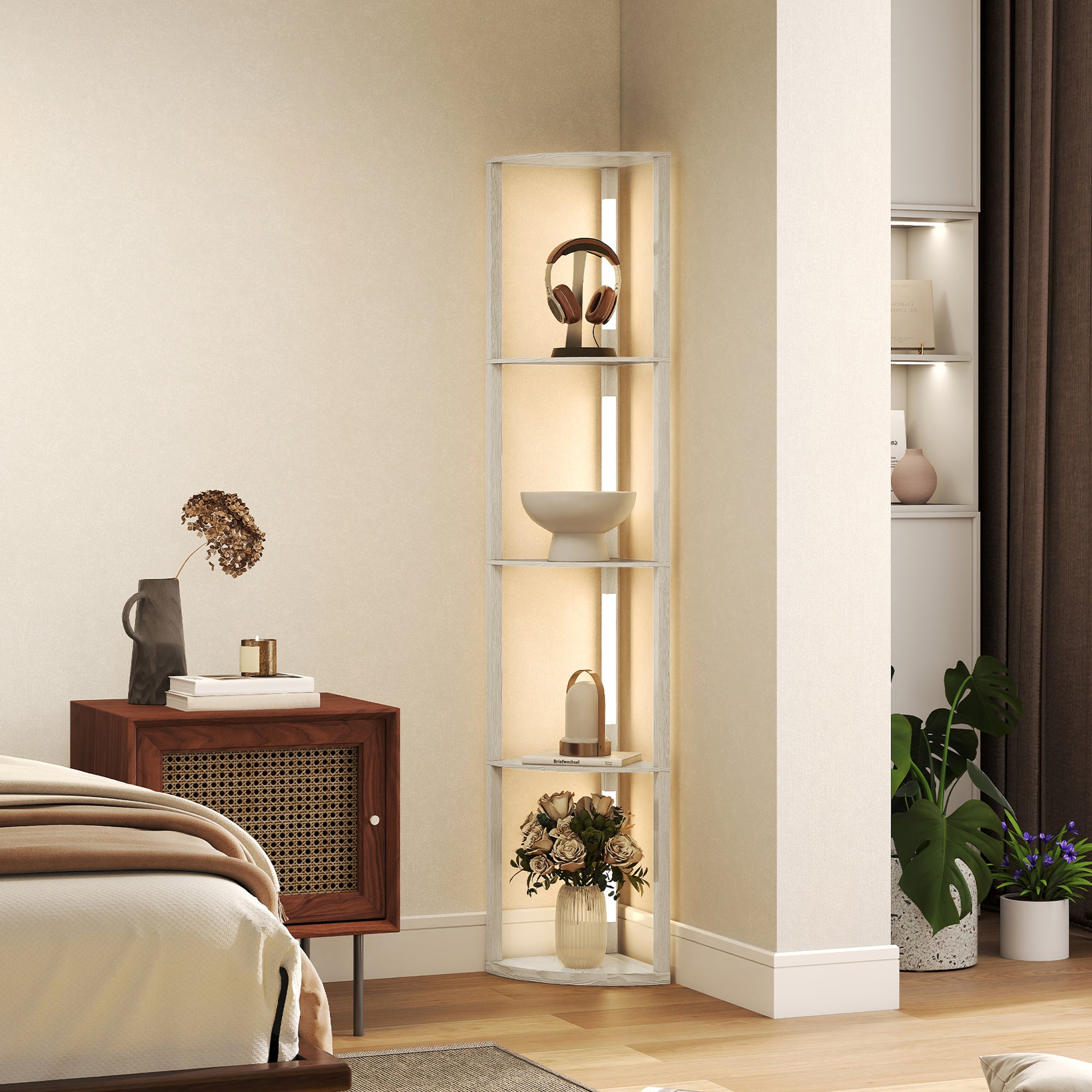 HOMCOM Corner Floor Lamp for Living Room Bedroom with Dimmable Warm White LED Light, Modern Tall Standing Lamp, Oak - North Peak Garden Furniture