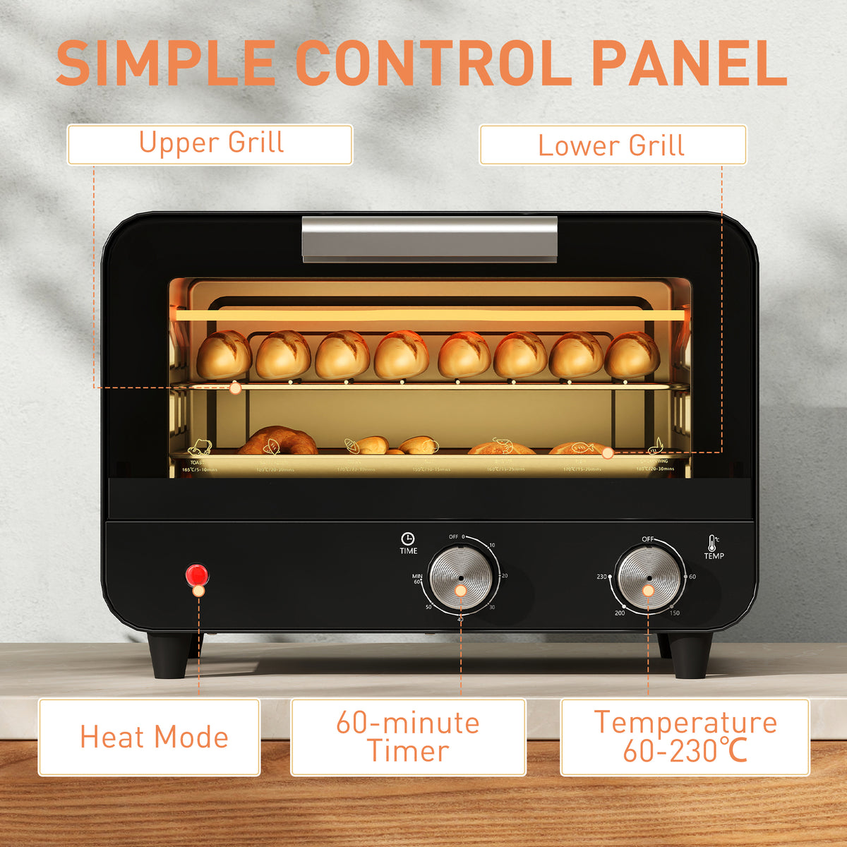 HOMCOM Small Toaster Oven, 12L Multifunction Mini Countertop Oven with Glass Door, Adjustable Temperature and Timer, Black