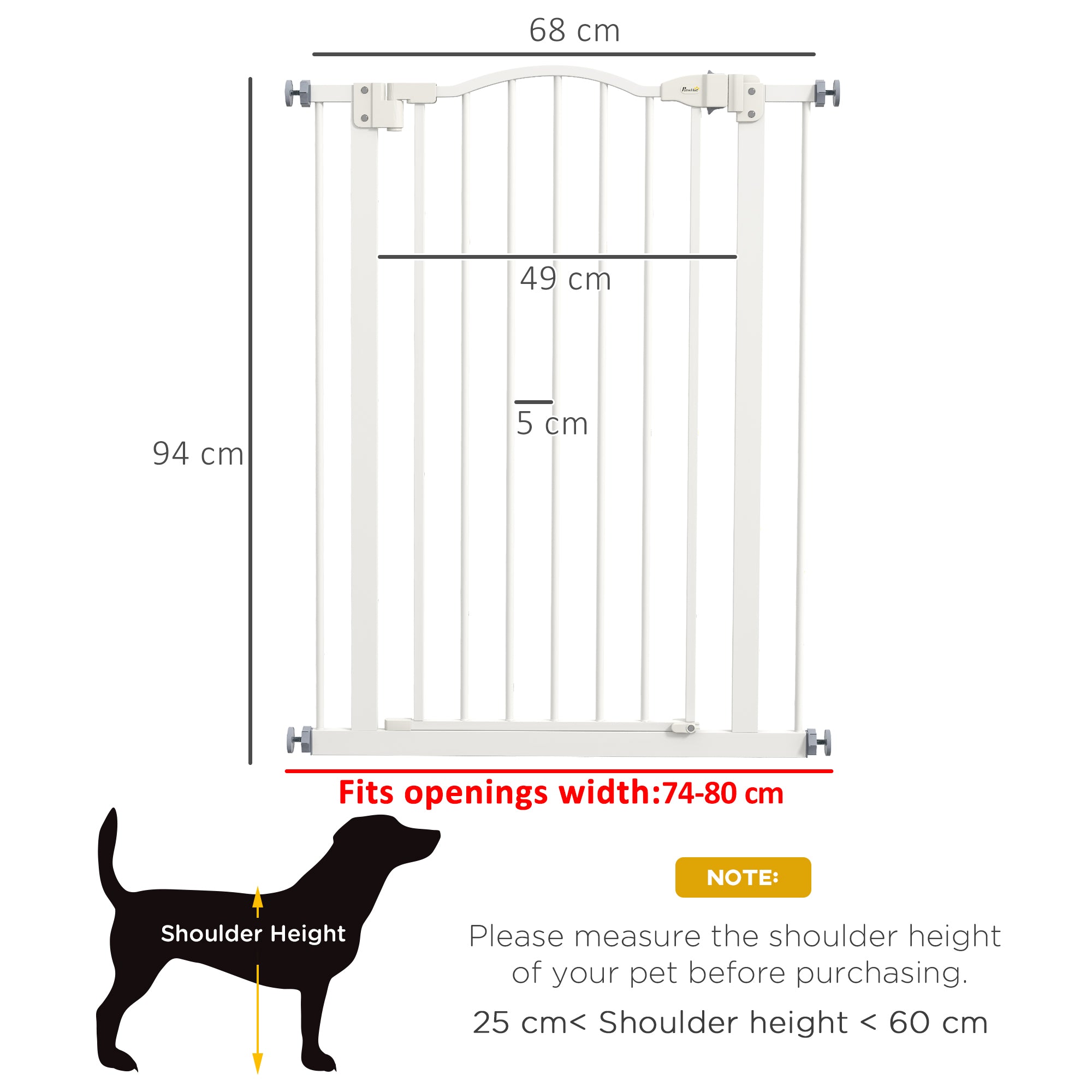 PawHut Pressure Fit Dog Stair Gate No Drilling Safety Gate Auto Close for Doorways, Hallways, 74-80cm Adjustable, 94cm Tall, White - North Peak Garden Furniture