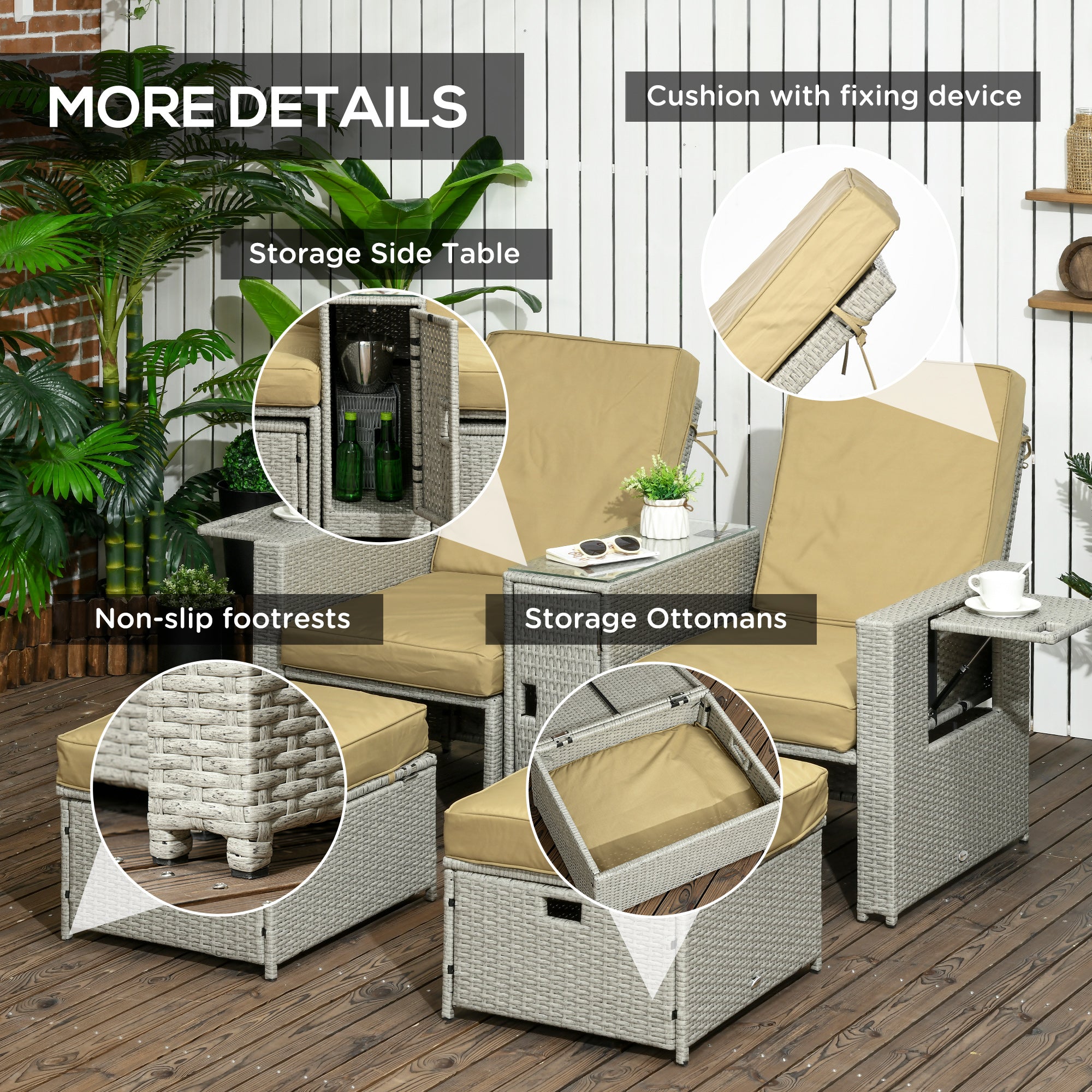 Outsunny 5PC PE Rattan Sun Lounger, Outdoor Wicker 5-level Adjustable Recliner Sofa Bed with Storage Side Table and Footstools, for Patio, Garden, Poolside, Beige