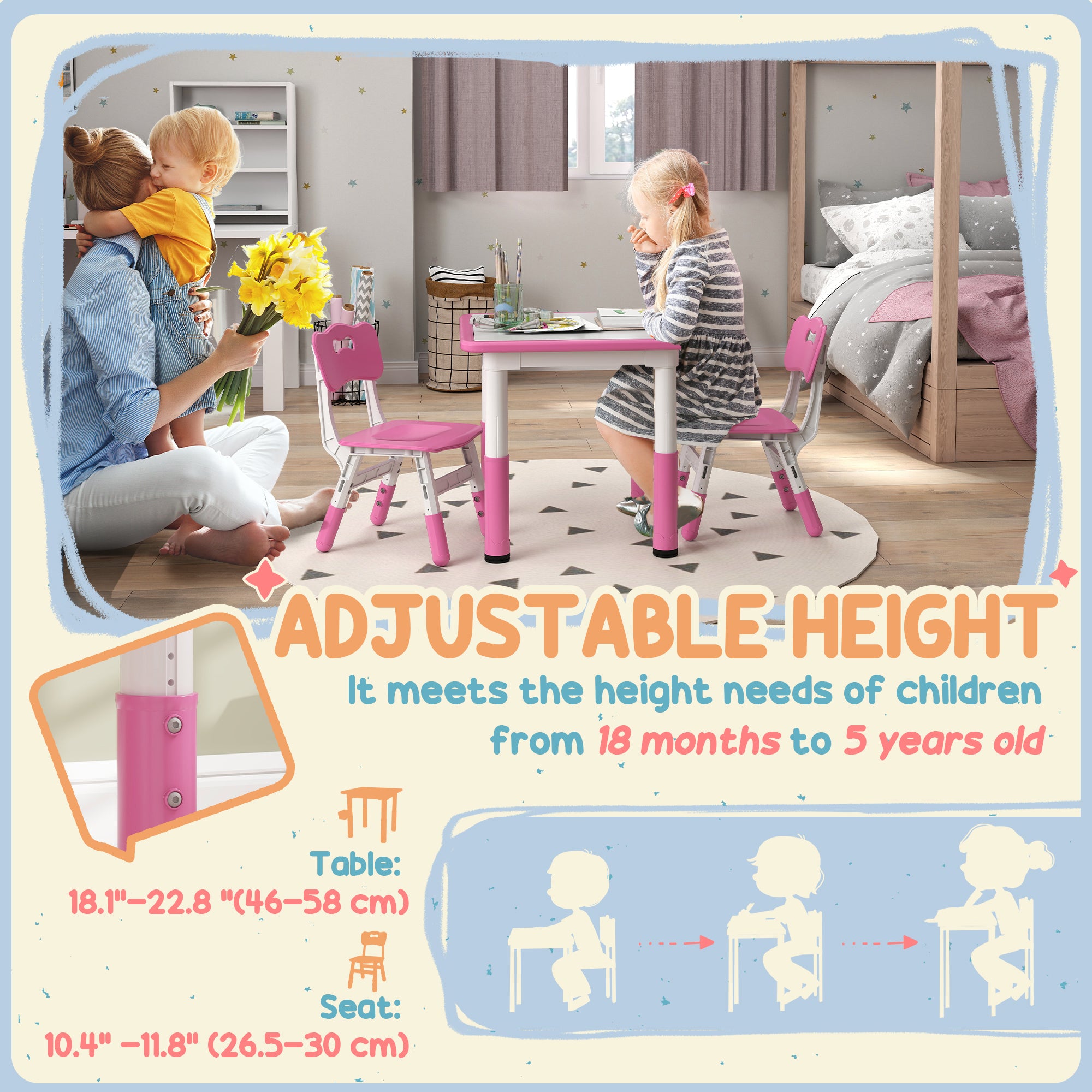AIYAPLAY Height Adjustable Toddler Table and Chair Set, 3 Pcs Children Activity Table w/ 2 Chairs, for Playroom, Bedroom - Pink - North Peak Garden Furniture