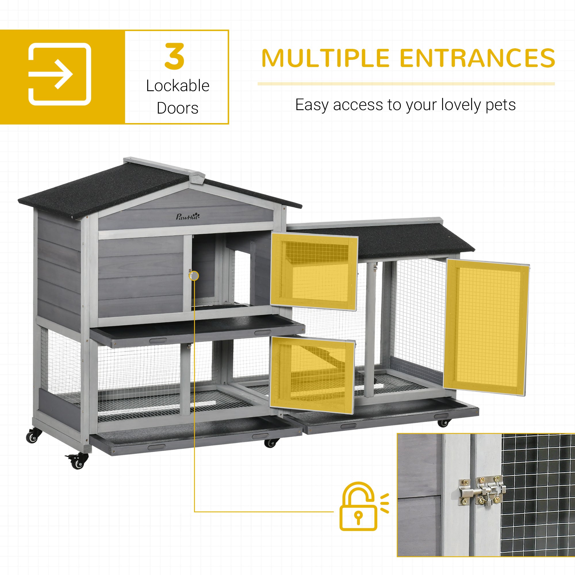 PawHut Wooden Rabbit Hutch, Guinea Pig Cage, with Wheels, Run, Slide-Out Tray, Ramp - North Peak Garden Furniture