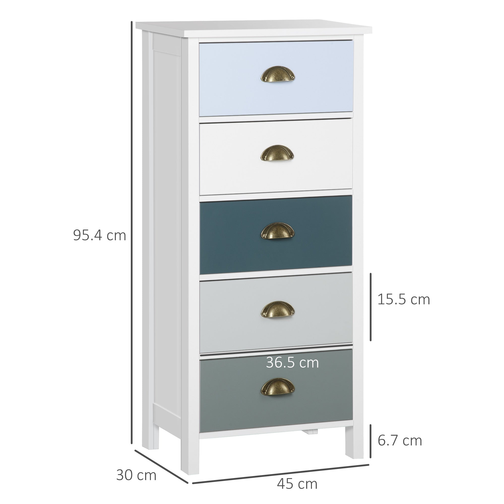 HOMCOM Slim Storage Cabinet Organiser, Chest of Drawers, 5-Drawer Dresser with Metal Handle for Living Room, Bedroom, Blue - North Peak Garden Furniture