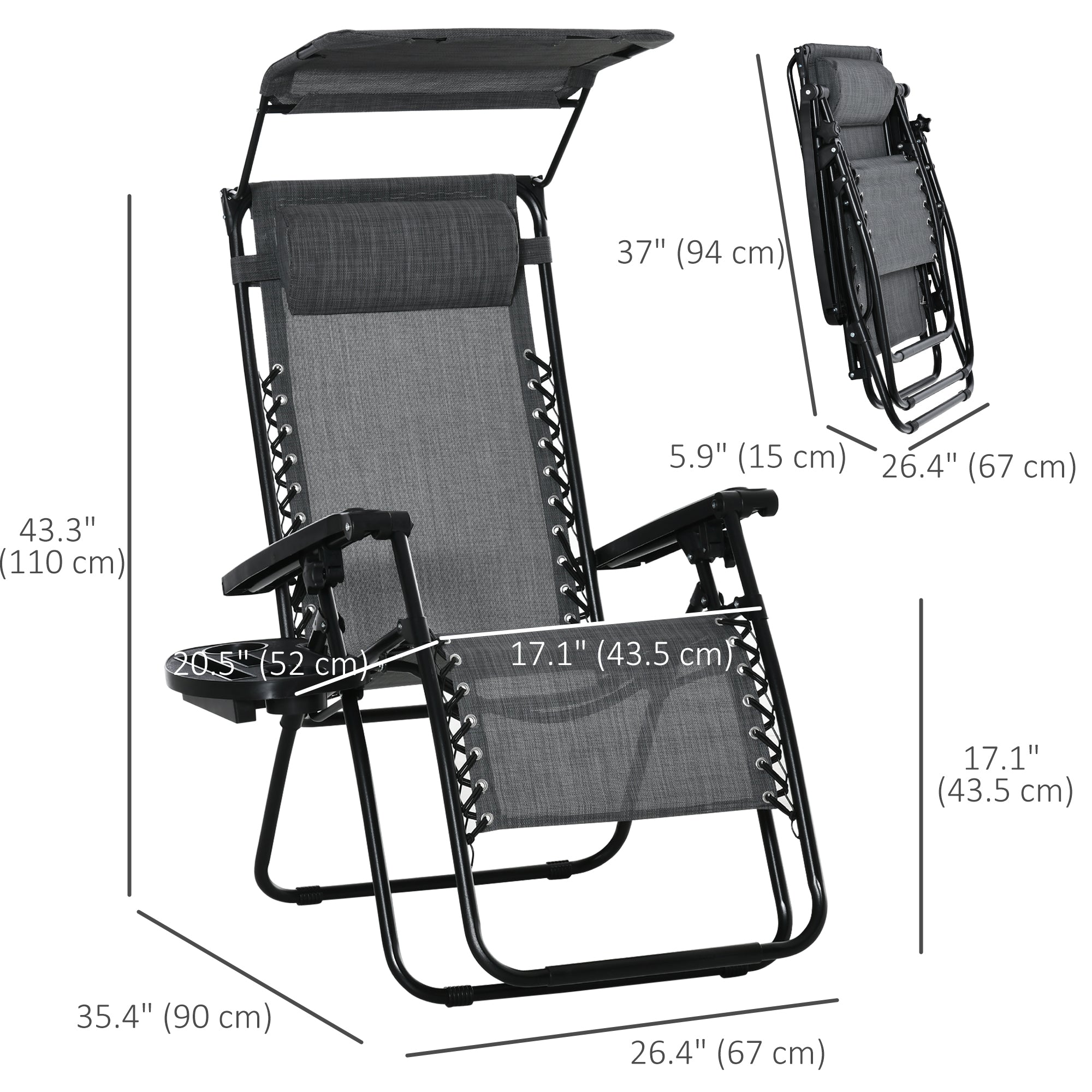 Outsunny Foldable Reclining Garden Chair with Headrest, Zero Gravity Deck Sun Lounger Seat Chair with Footrest, Armrest, Cup Holder & Canopy Shade, Light Grey - North Peak Garden Furniture