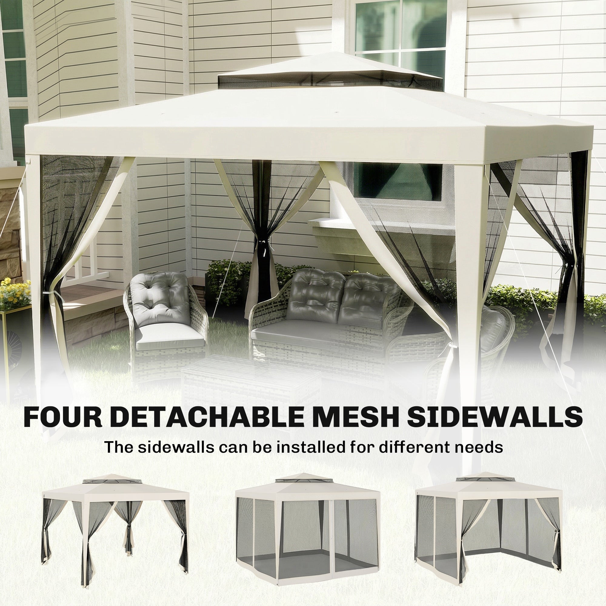 Outsunny 3 x 3 m Gazebo, Netting Party Tent, Patio Canopy Outdoor Event Shelter with Double Tier Roof, Cream White