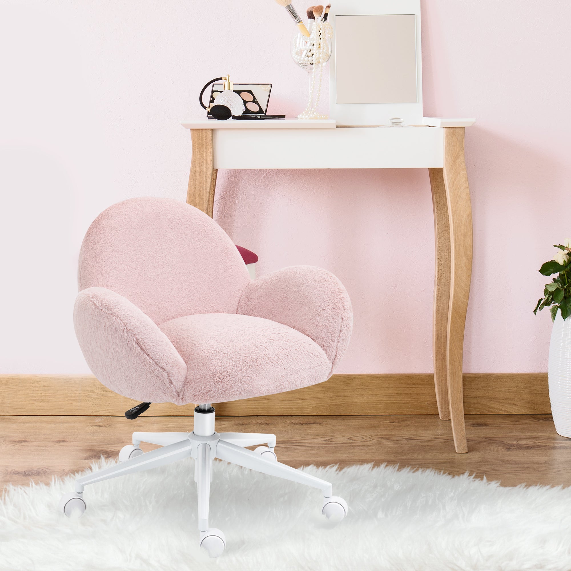 HOMCOM Makeup Vanity Chair, Cute Fluffy Desk Chair with Rolling Wheels for Bedroom Living Room, Pink - North Peak Garden Furniture