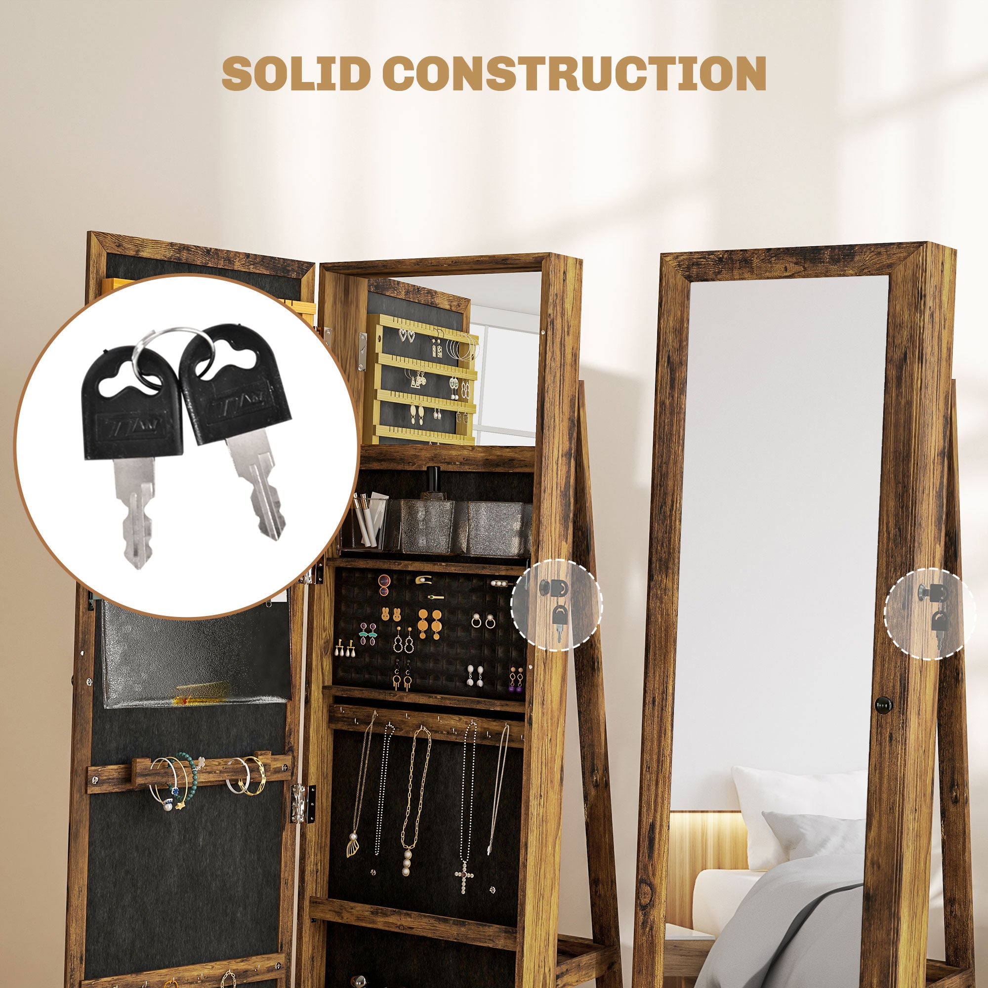HOMCOM 360° Swivel Jewellery Cabinet, Mirror Armoire, Full Length Mirror, Lockable Jewellery Organiser with Built-In Small Mirror, Rustic Brown - North Peak Garden Furniture