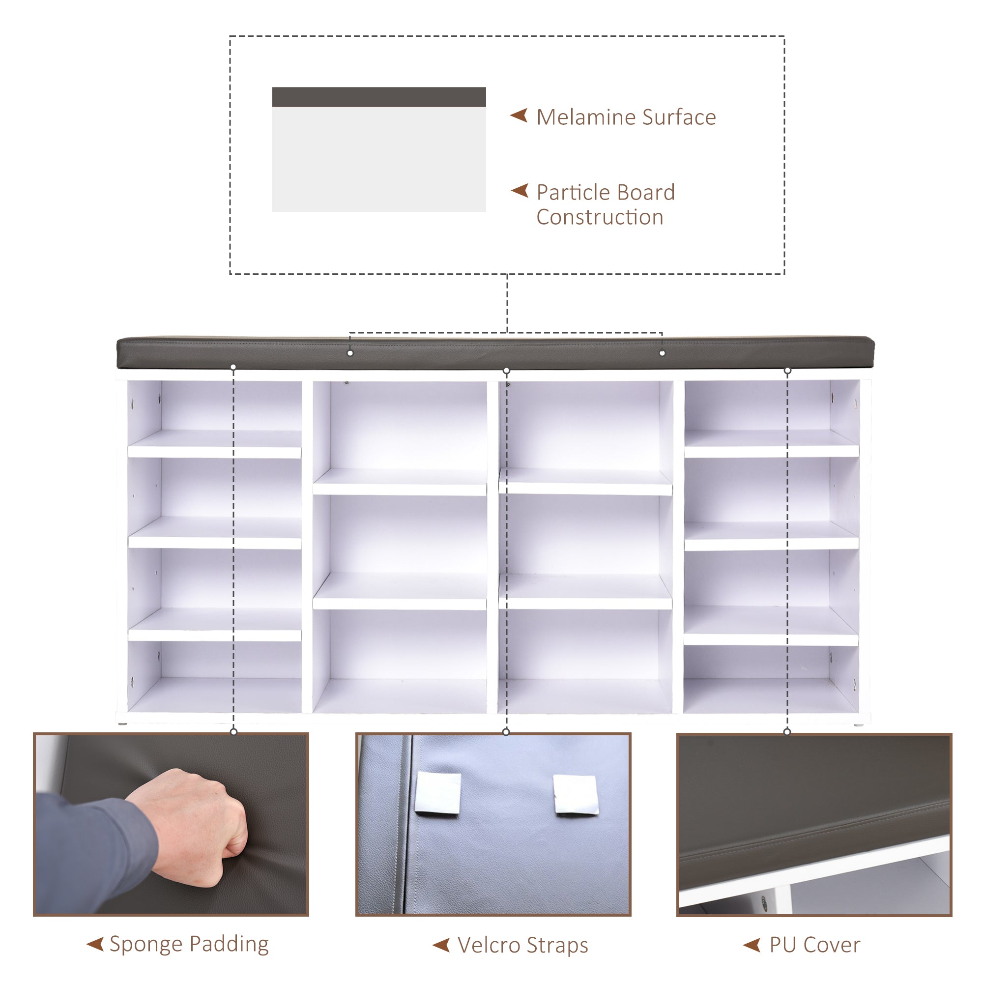 HOMCOM Multi-Storage Shoe Rack w/ 14 Compartments Cushion Moving Shelves Solid Frame Foot Pads Home Office Tidy Organisation Boots Trainers White - North Peak Garden Furniture