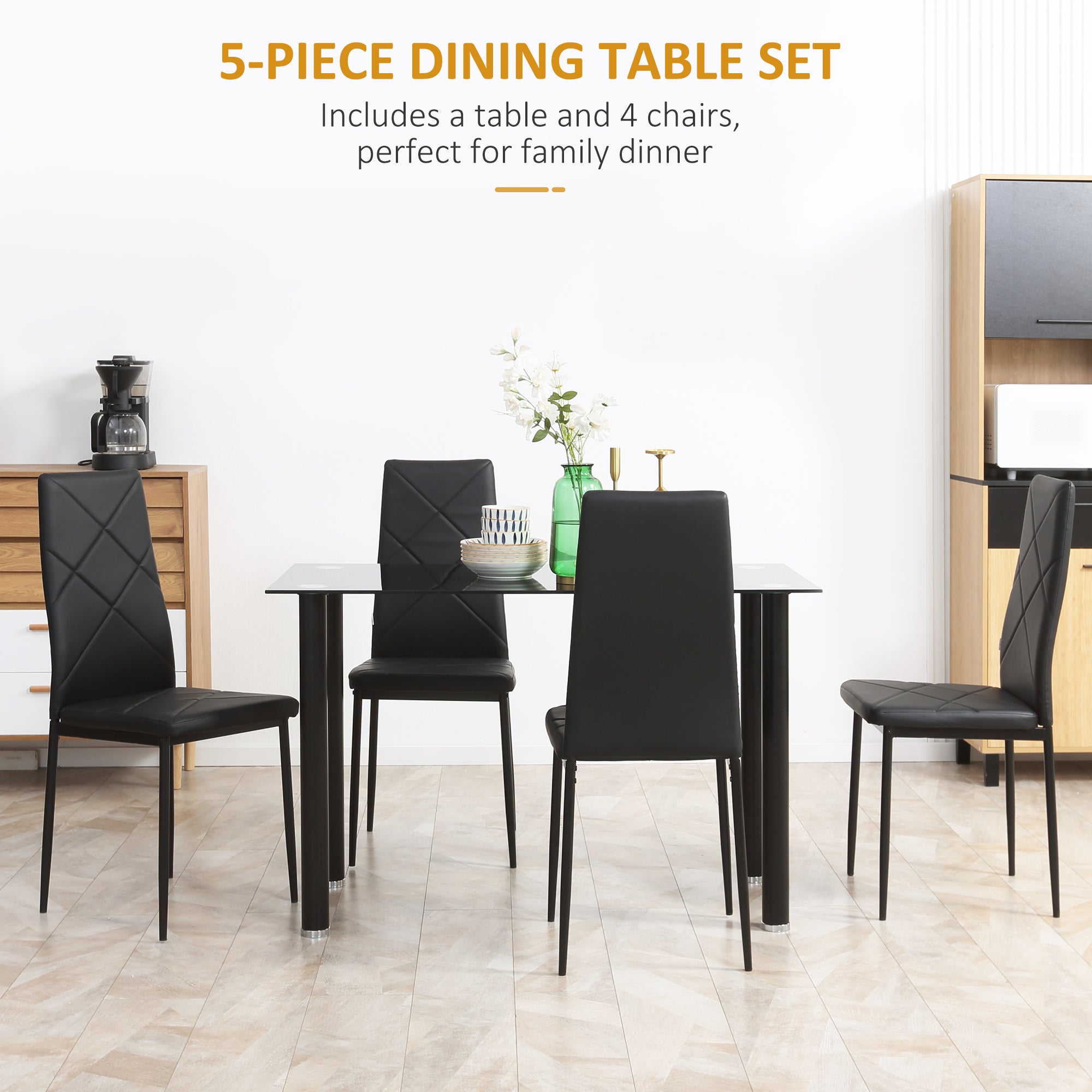 HOMCOM Modern Dining Table Set for 4, Space-Saving 5 Pieces Kitchen Table Set with Rectangle Table and Steel Frame, Black - North Peak Garden Furniture