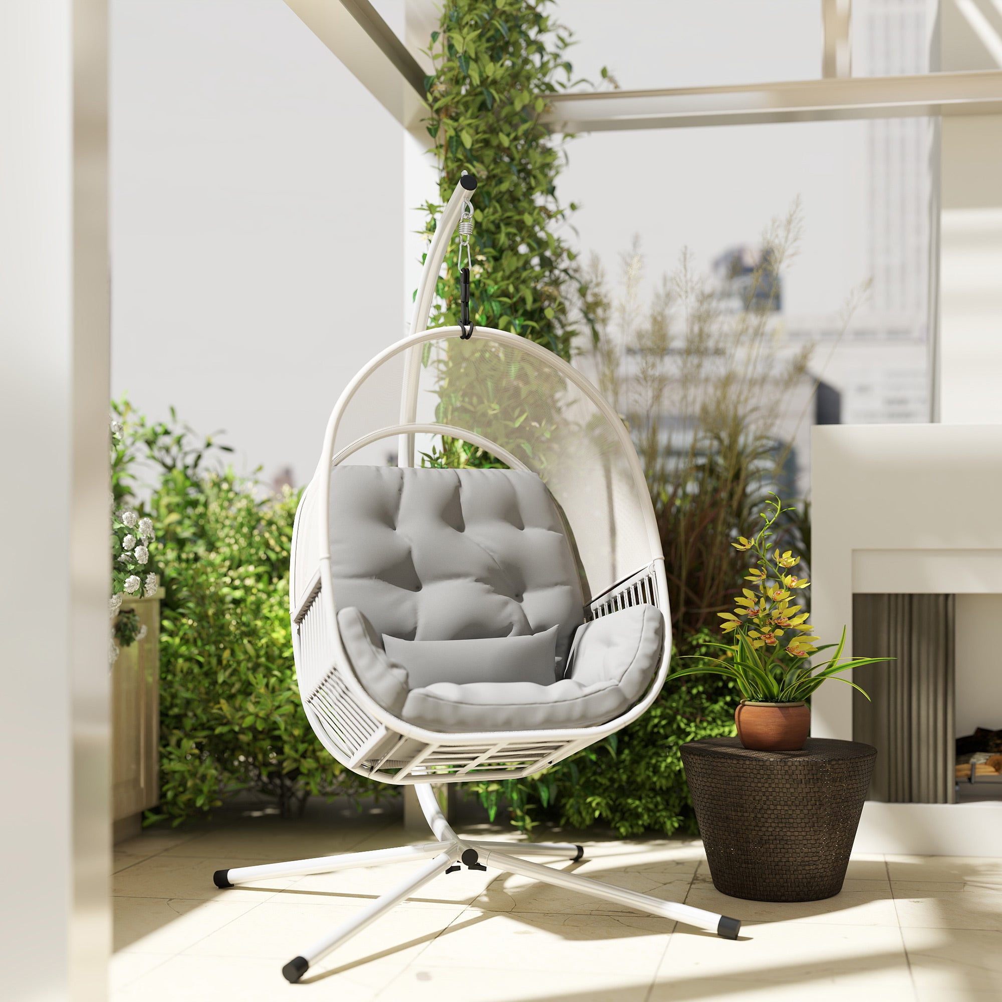 Outsunny Hanging Egg Chair Outdoor Indoor, Swing Hammock Chair with Stand, Cushions, Lumbar Pillow, Adjustable Height and Steel Frame for Garden Patio Lounge Porch, Light Grey - North Peak Garden Furniture
