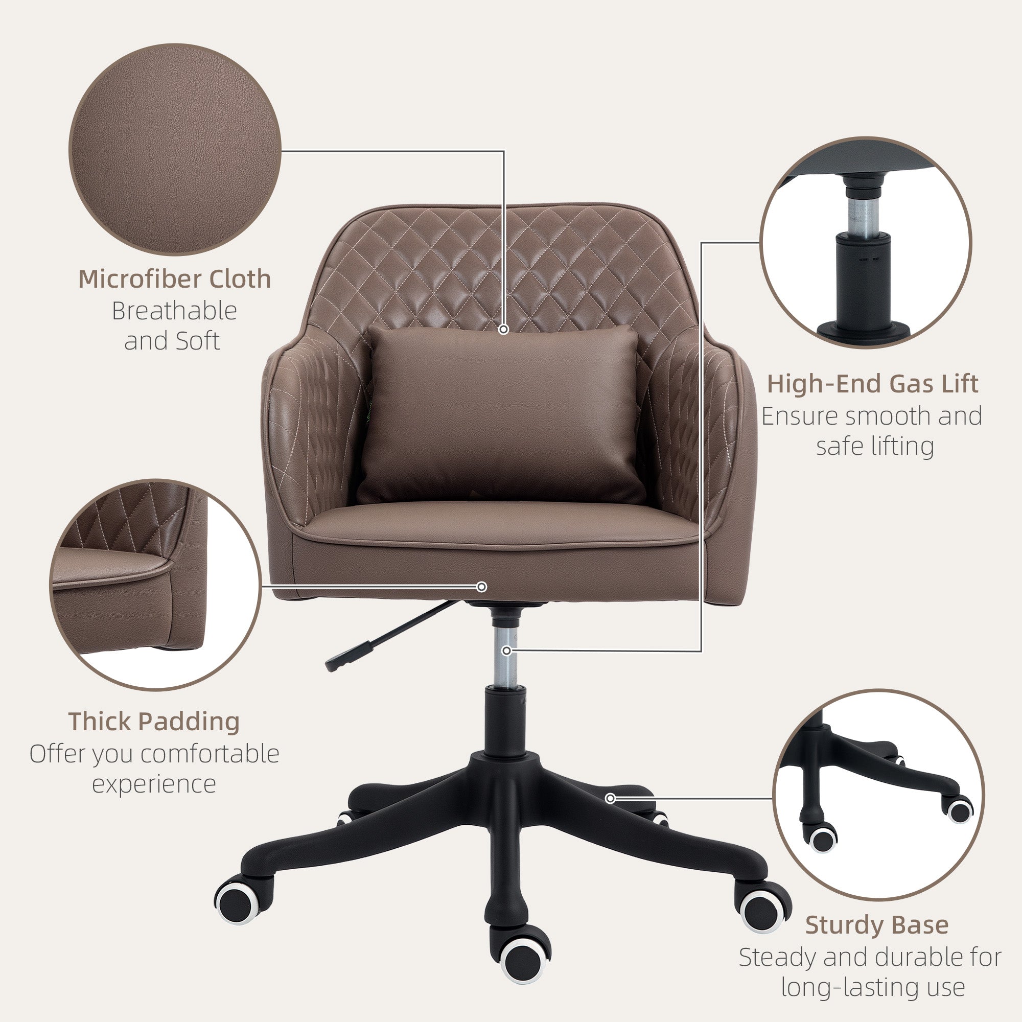 Vinsetto Microfiber Office Chair, Desk Chair, Makeup Vanity Chair with Massage Lumbar Pillow and Rolling Wheels for Bedroom and Home, Brown - North Peak Garden Furniture