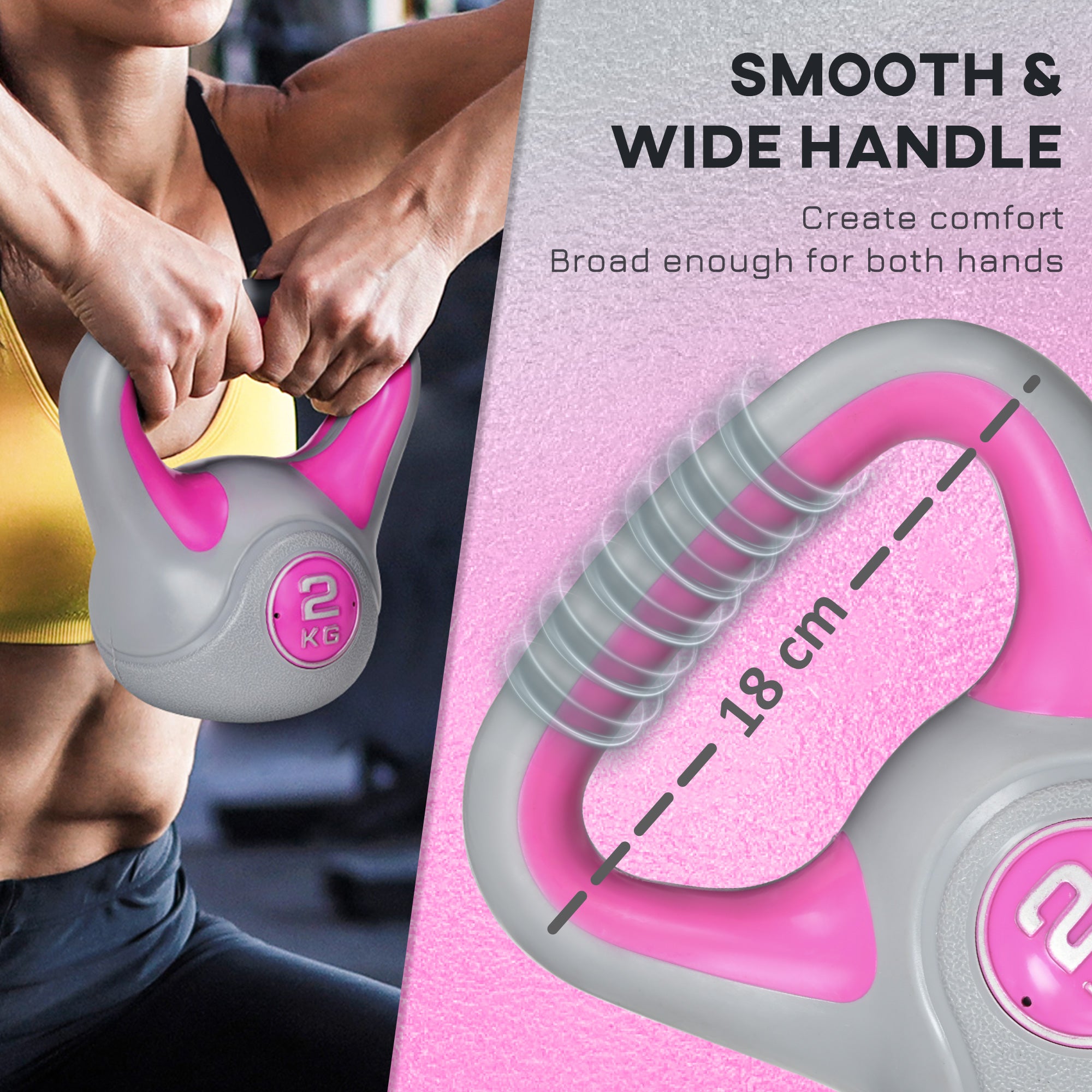 SPORTNOW Kettlebell, 2kg Kettle Bells with Handle for Home Gym Weight Lifting and Strength Training, Pink and Grey - North Peak Garden Furniture