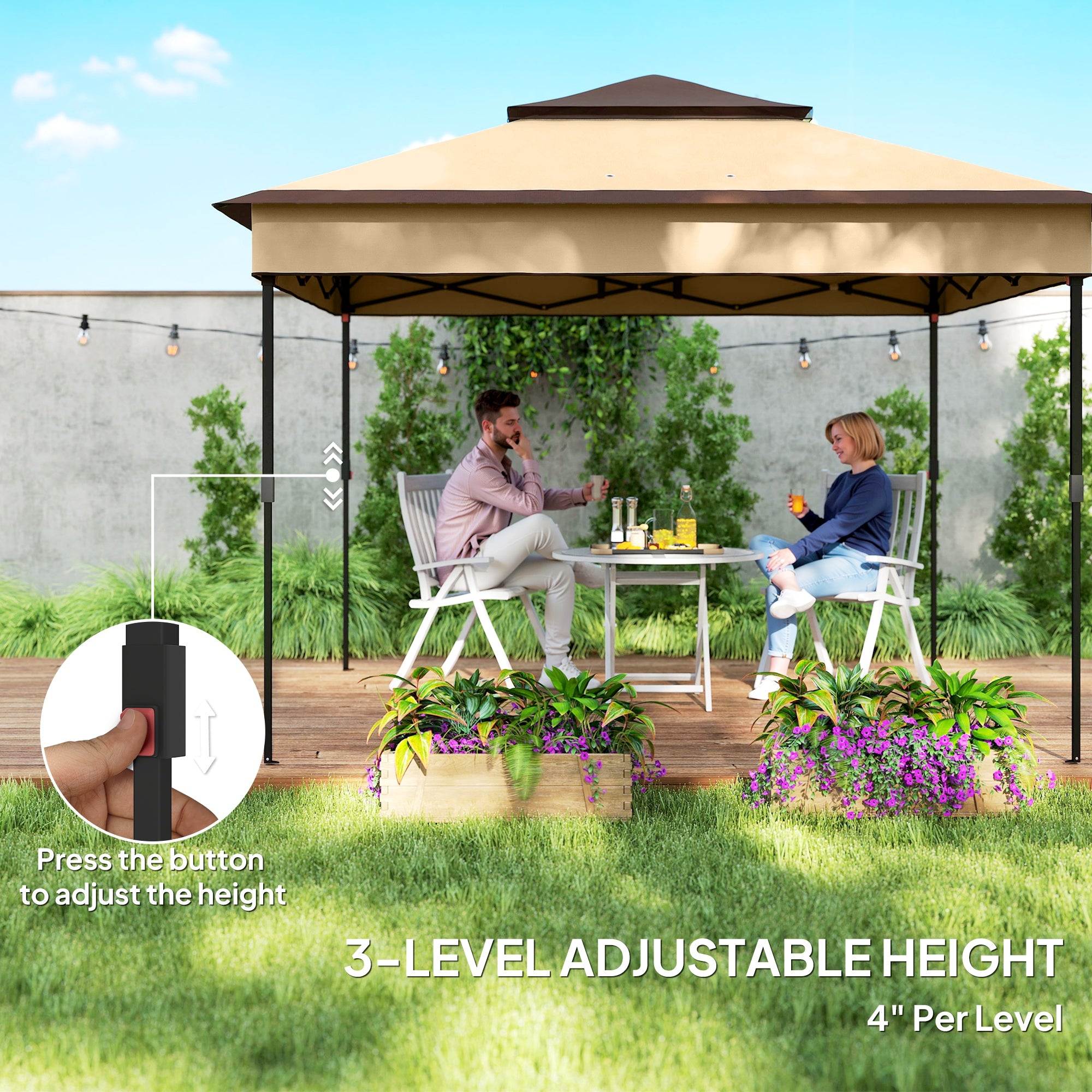 Outsunny 3 x 3(m) Pop Up Gazebo, Height Adjustable Instant Event Shelter with Netting and Carrying Bag, Beige - North Peak Garden Furniture