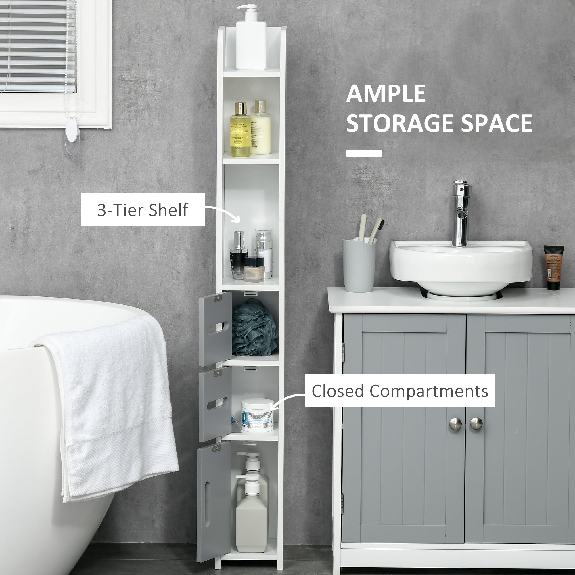 kleankin Modern Bathroom Storage Cabinet, Freestanding Tall Bathroom Cabinet with Open Shelves and 3 Cupboards with Door, for Bedroom Hallway, Grey - North Peak Garden Furniture