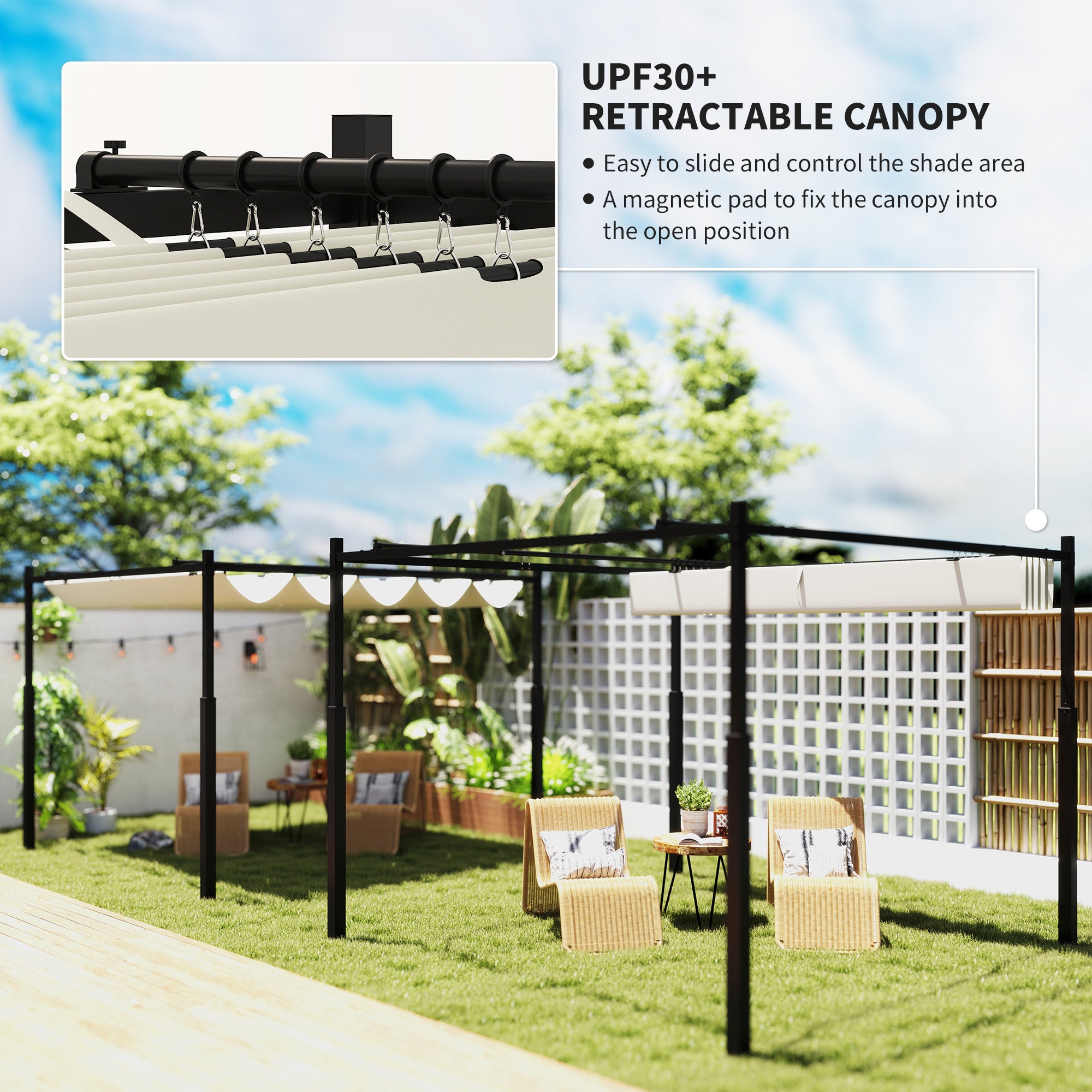 Outsunny 3 x 3(m) Garden Pergola with Retractable Roof and Magnetic Fixture, Outdoor Pergola Kit Sun Shade Canopy, UPF30+, 80mm Metal Column, Cream White - North Peak Garden Furniture