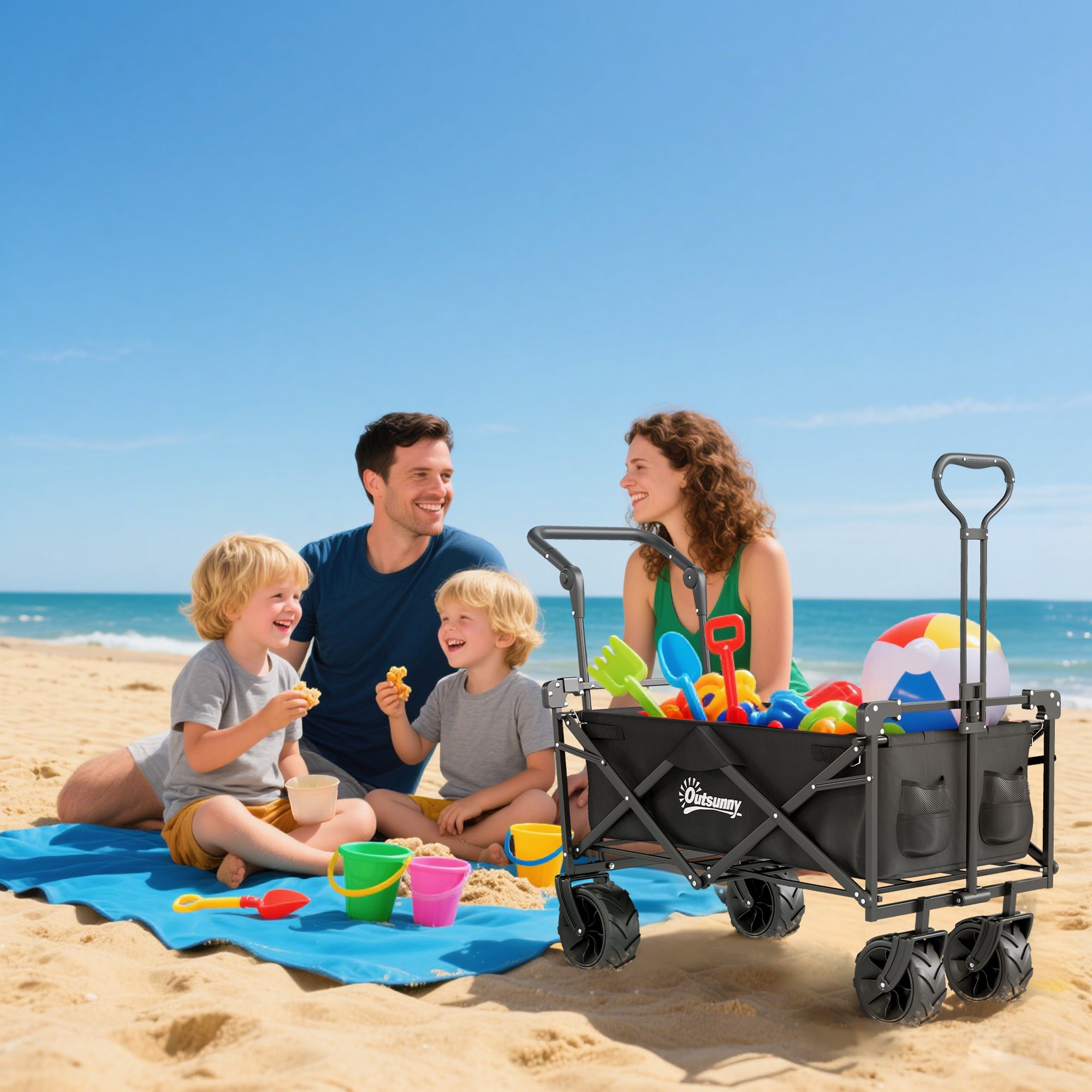 Outsunny Folding Trolley Cart Storage Wagon Beach Trailer 4 Wheels with Handle Overhead Canopy Cart Push Pull for Camping, Black - North Peak Garden Furniture