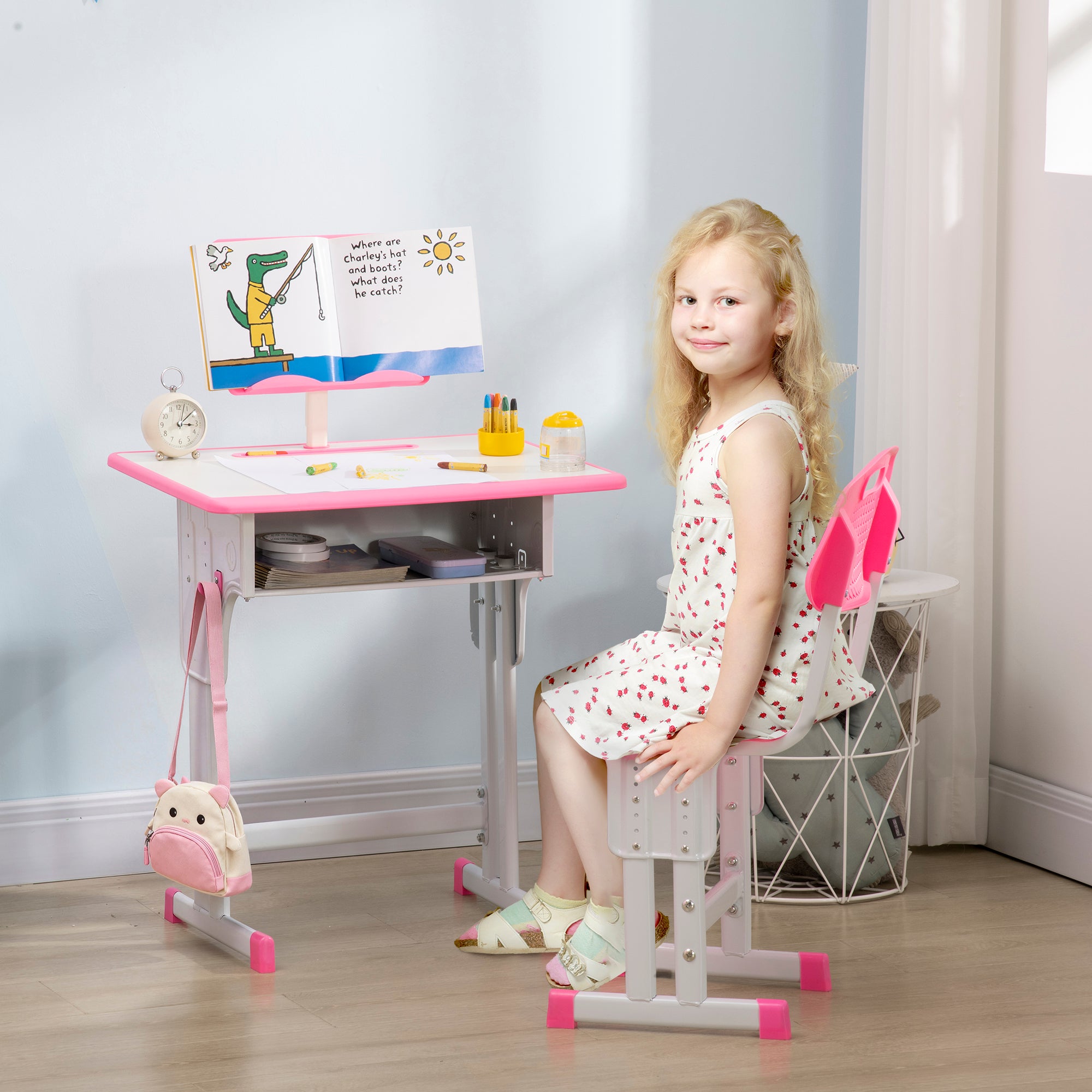 HOMCOM Kids Adjustable Desk and Chair Set, Book Stand, Pen Slot - Pink
