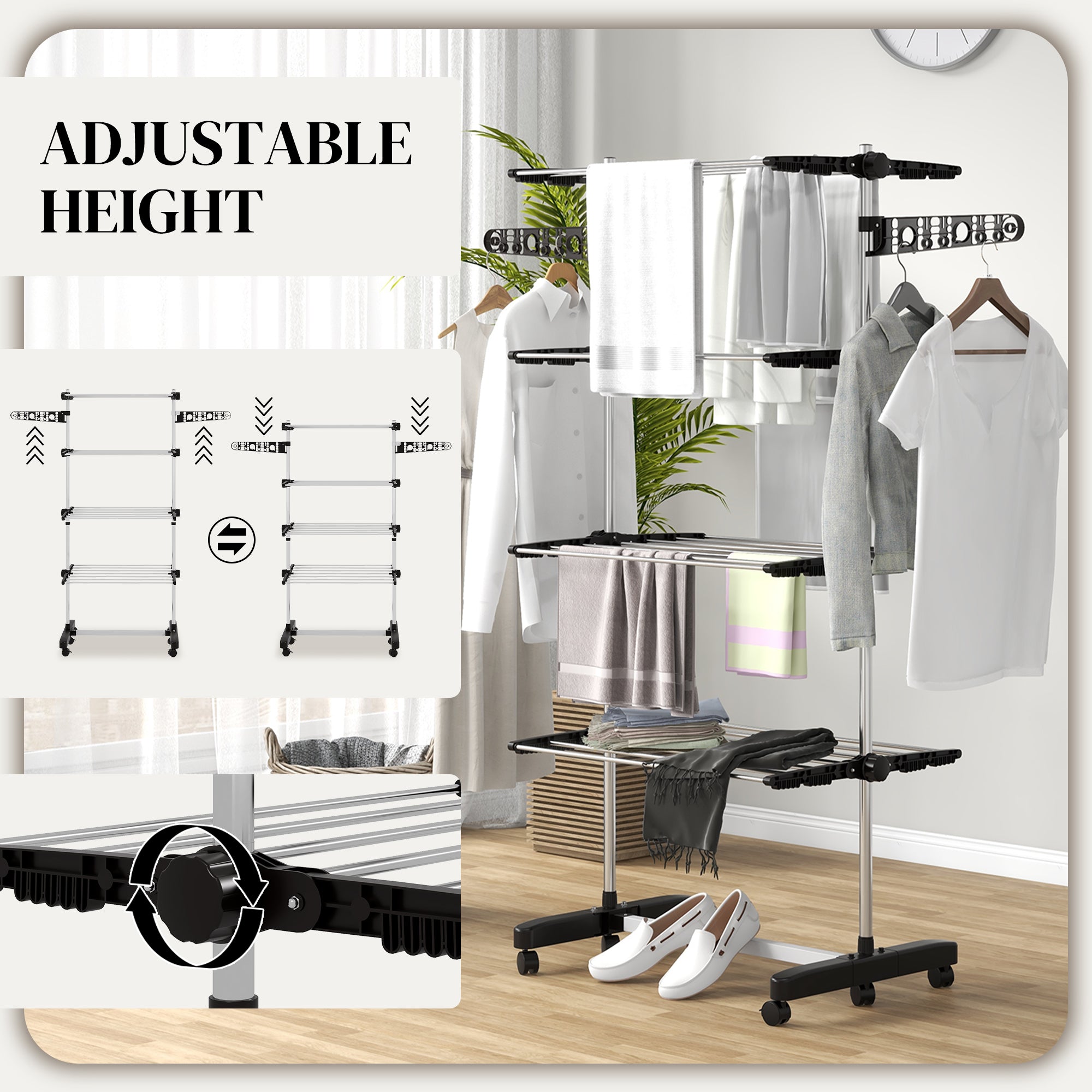 HOMCOM Four-Shelf Collapsing Clothes Horse, With Side Arms and Wheels - Black - North Peak Garden Furniture