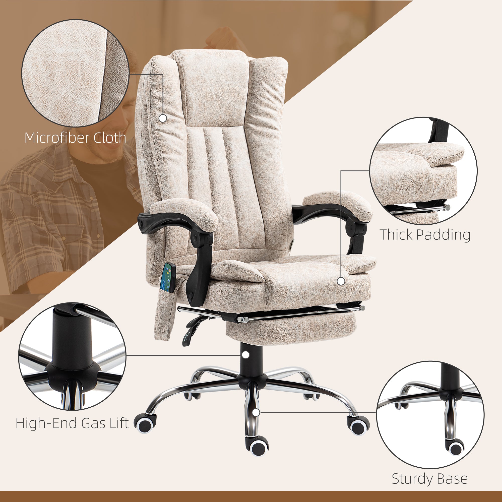 Vinsetto Vibrating Massage Office Chair with Heat, Desk Chair with Height Adjustable and Footrest, Cream White - North Peak Garden Furniture