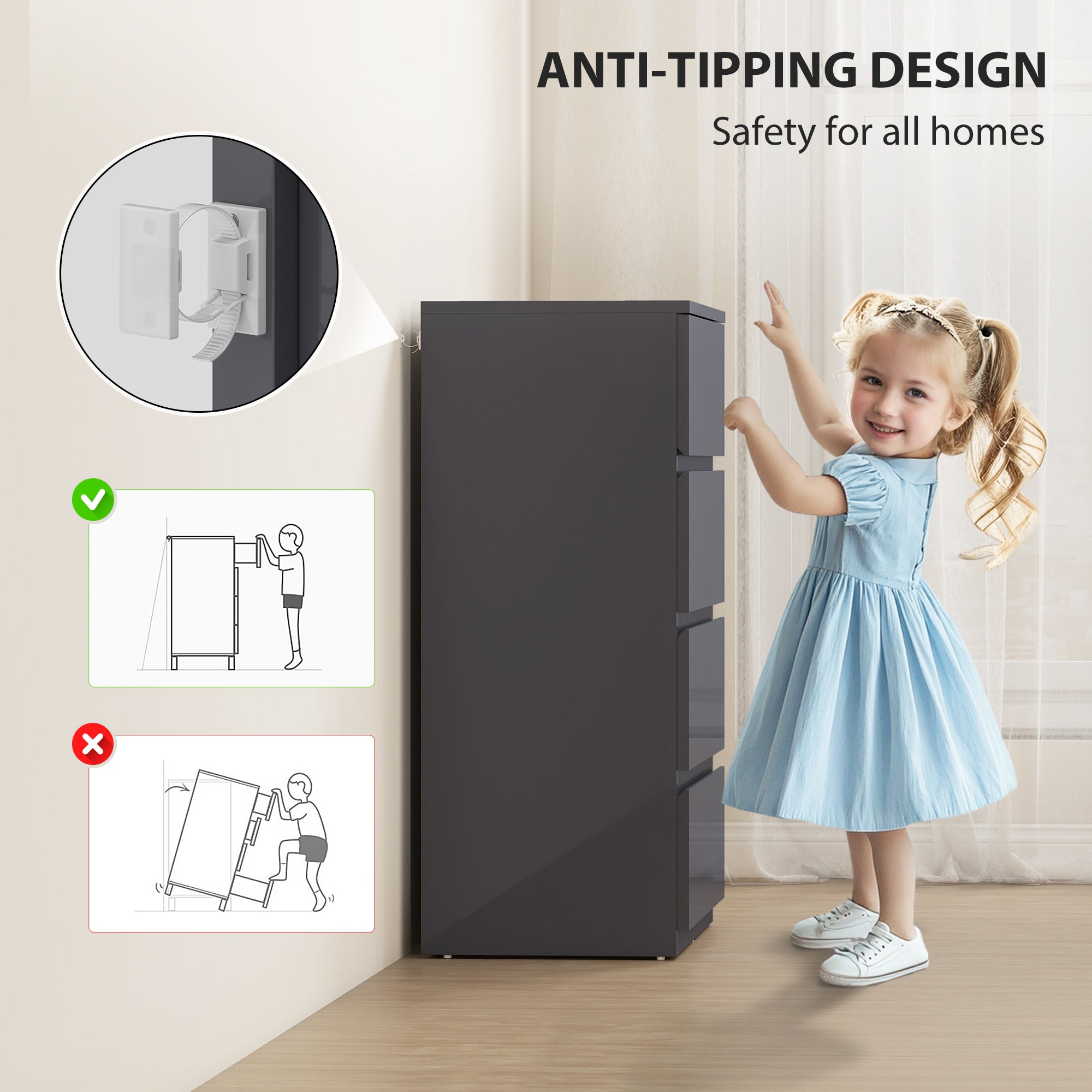 HOMCOM High Gloss Chest of Drawers, 4-Drawer Storage Cabinets, Modern Dresser for Bedroom, Grey