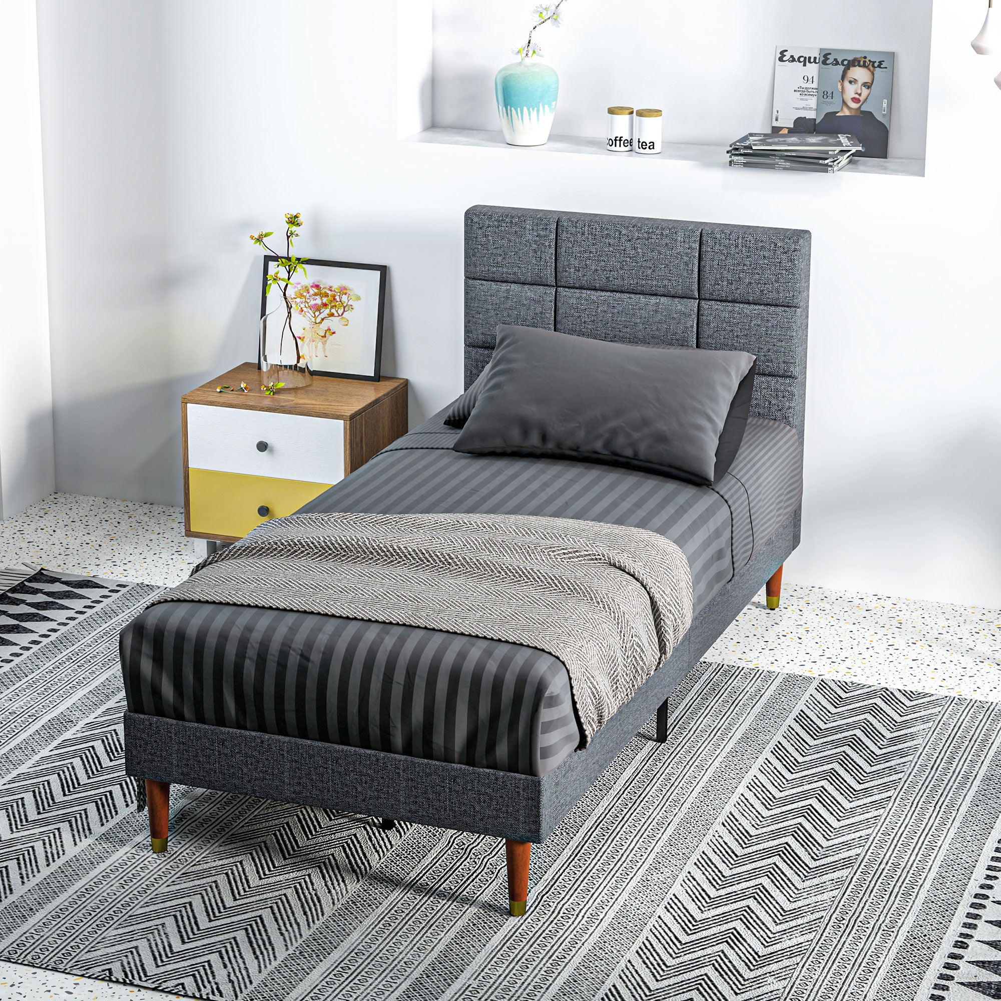 HOMCOM Upholstered Single Bed Frame, with Slats - Grey - North Peak Garden Furniture
