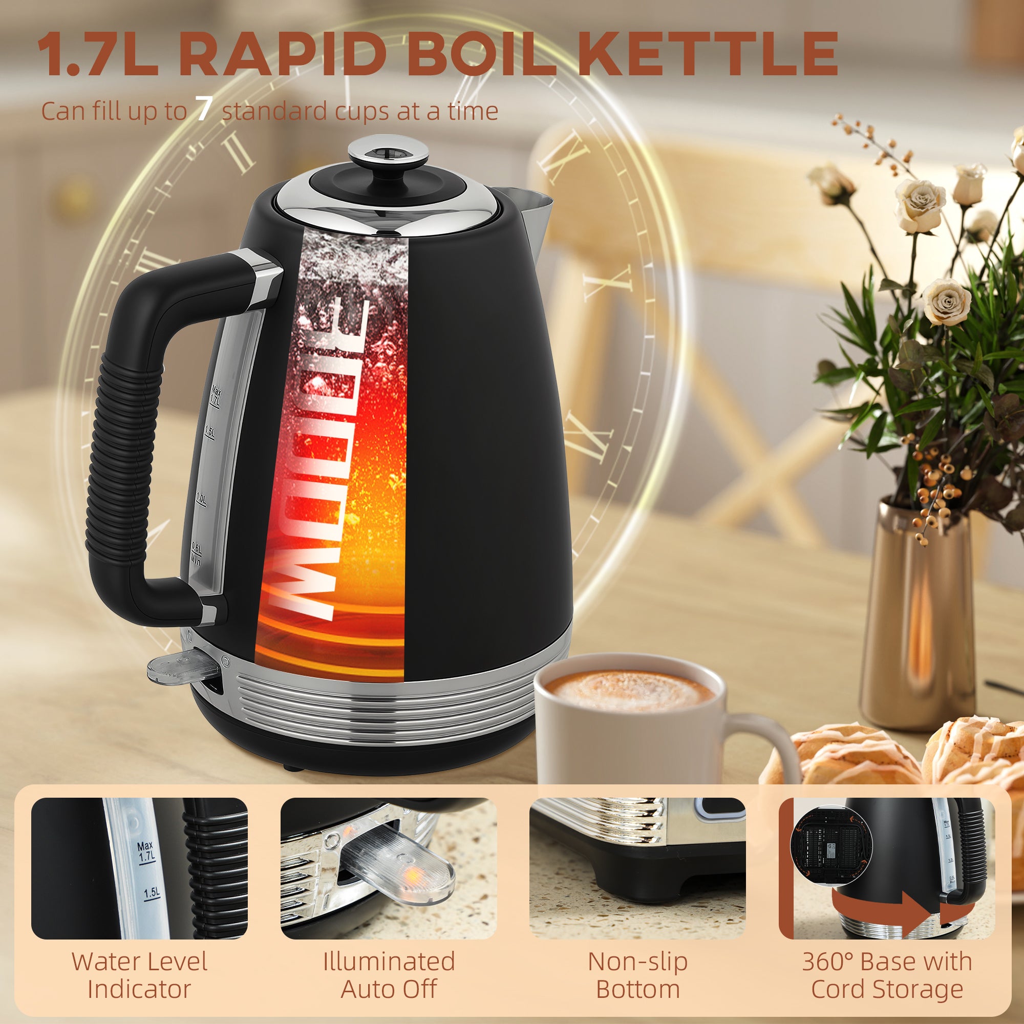HOMCOM Stainless Steel Kettle and Toaster Set, 1.7L 3000W Rapid Boil Jug Kettle with UK Strix Thermostat, Limescale Filter, 4 Slice Toaster with 7 Browning Controls, Crumb Tray, Black and Silver Tone