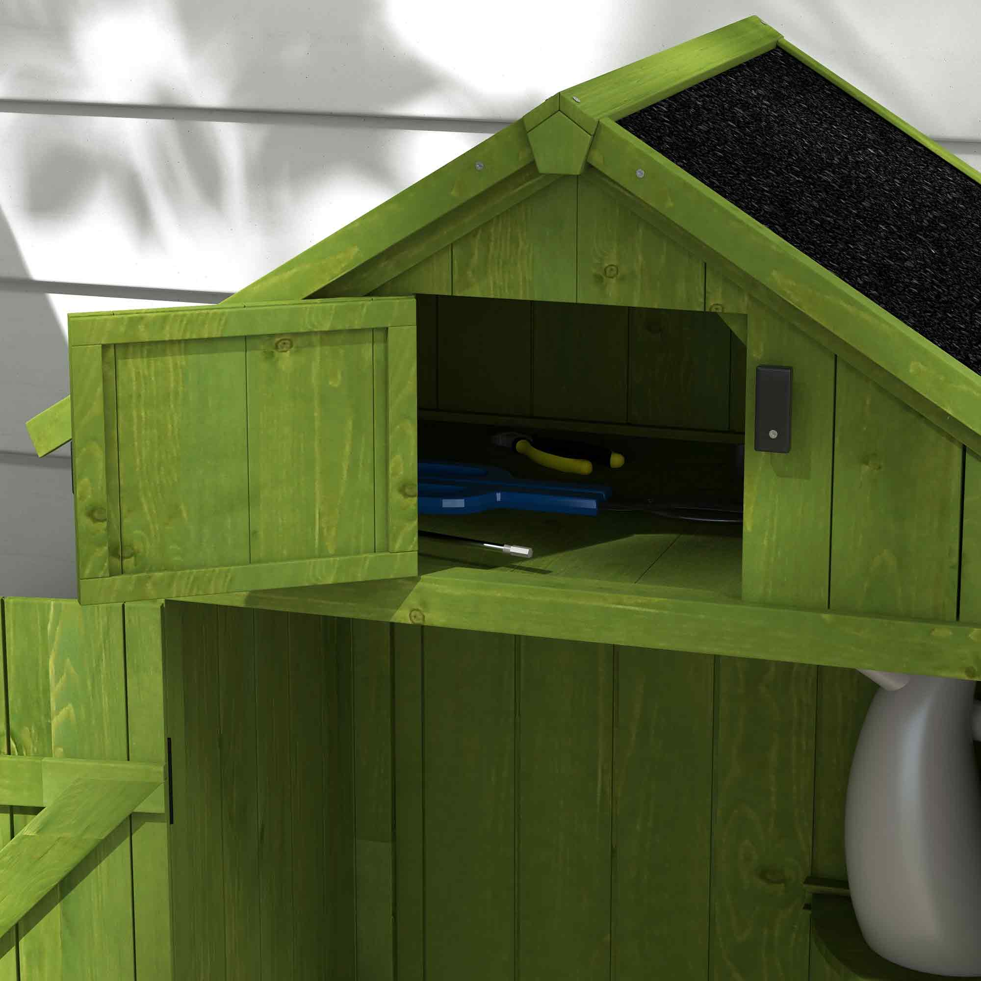 Outsunny Wooden Garden Shed, Utility Outdoor Small Shed with Lockable Double Doors, Shelves and Roof Hatch, Dark Green - North Peak Garden Furniture