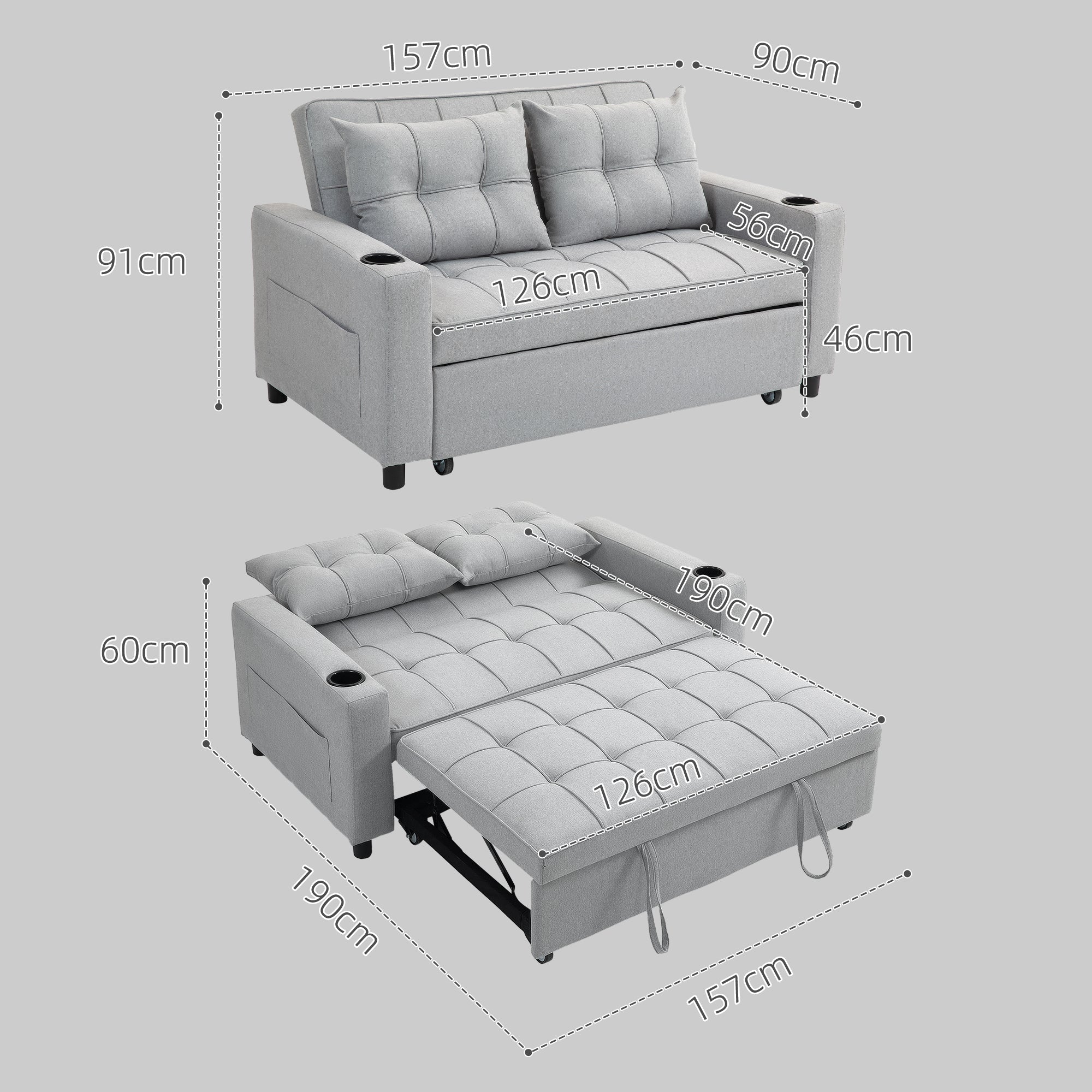 HOMCOM Two-Seater Pull-Out Sofa Bed - Light Grey