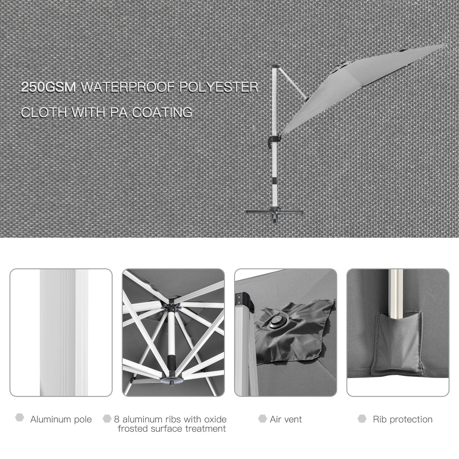 Outsunny 3 x 3(m) Cantilever Roma Parasol, Square Garden Umbrella with Cross Base, Crank Handle, Tilt, 360° Rotation and Aluminium Frame, Grey - North Peak Garden Furniture