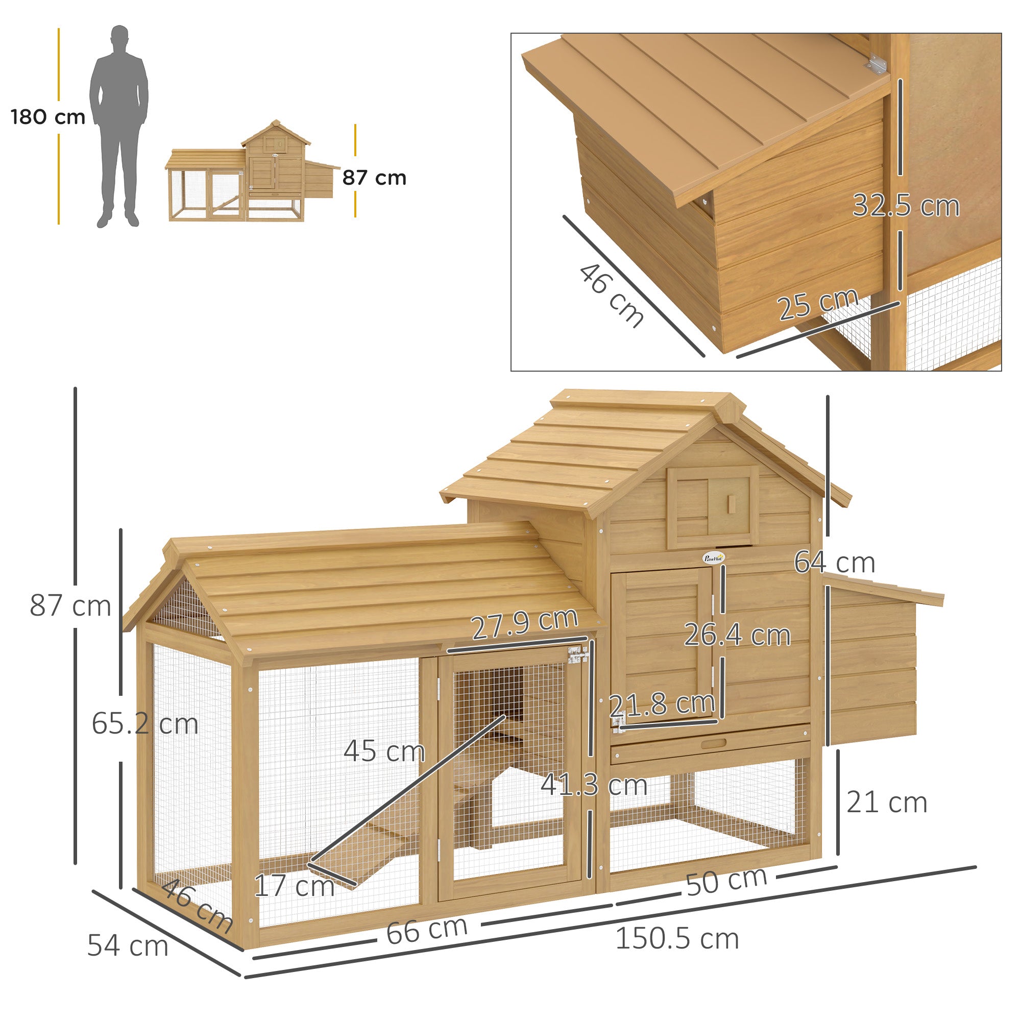 PawHut Small Chicken Coop with Run Hen House Poultry Coops Cages Nesting Box Wood 150.5 x 54 x 87cm