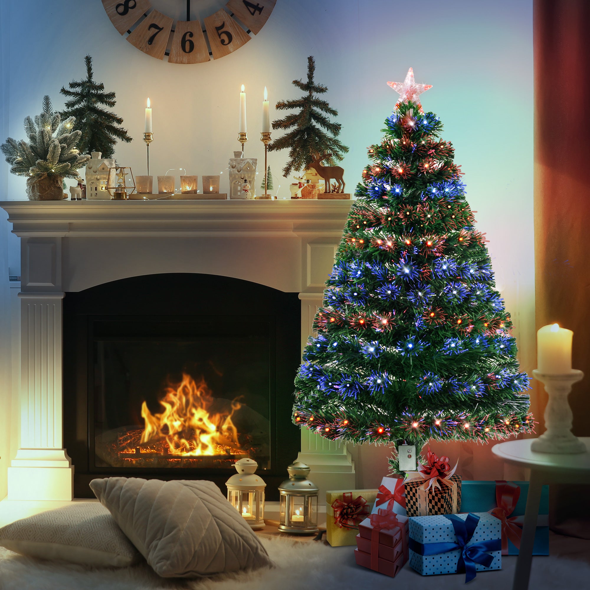 HOMCOM 4 Feet Prelit Artificial Christmas Tree with Multi-Coloured Fiber Optic LED Light, Holiday Home Xmas Decoration, Green - North Peak Garden Furniture