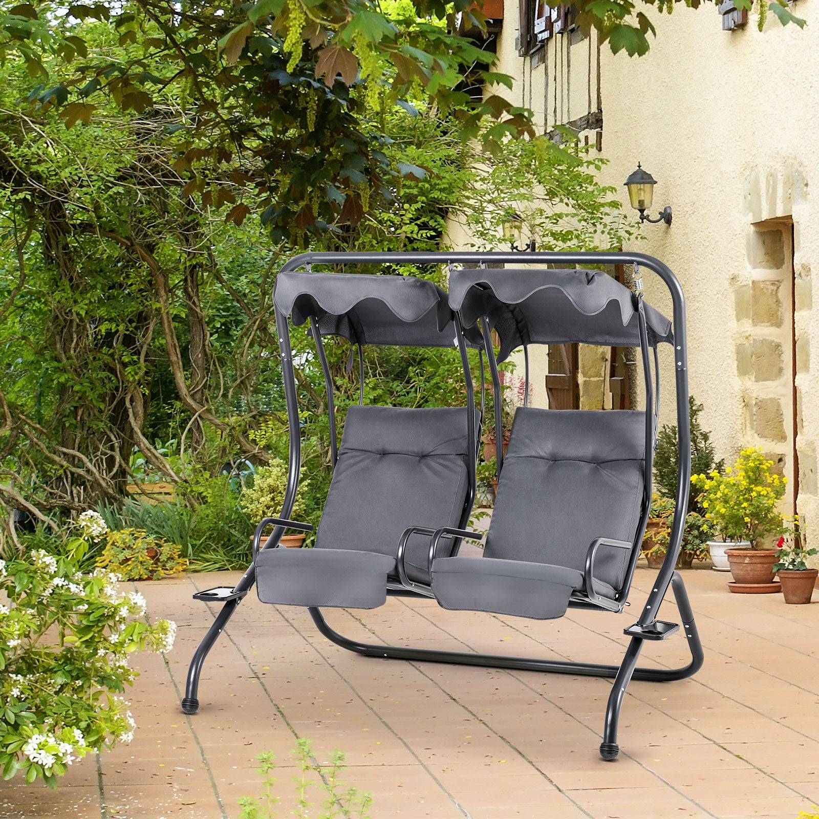 Outsunny Canopy Swing Chair Modern Garden Swing Seat Outdoor Relax Chairs w/ 2 Separate Chairs, Cushions and Removable Shade Canopy, Grey