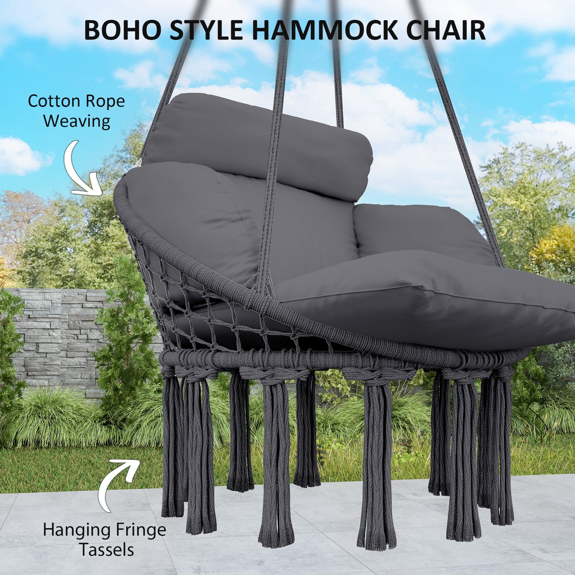 Outsunny Hanging Chair Outdoor Hammock Chair with Soft Cushion, Cotton Rope Boho Style Swing Chair, Hanging Garden Swing Seat for Indoor Outdoor, Dark Grey - North Peak Garden Furniture