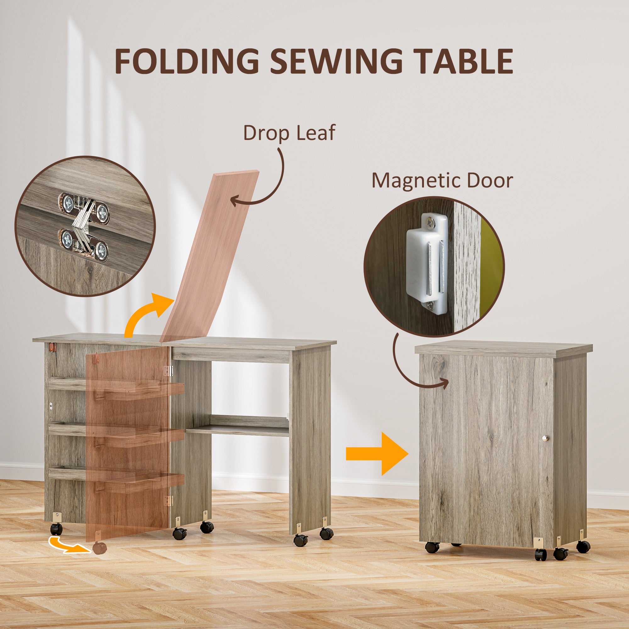 HOMCOM Folding Sewing Table, Drop Leaf Craft Table with Storage Bins, Open Shelf and Wheels, Rolling Sewing Machine Cabinet Computer Desk for Small Space, Grey - North Peak Garden Furniture