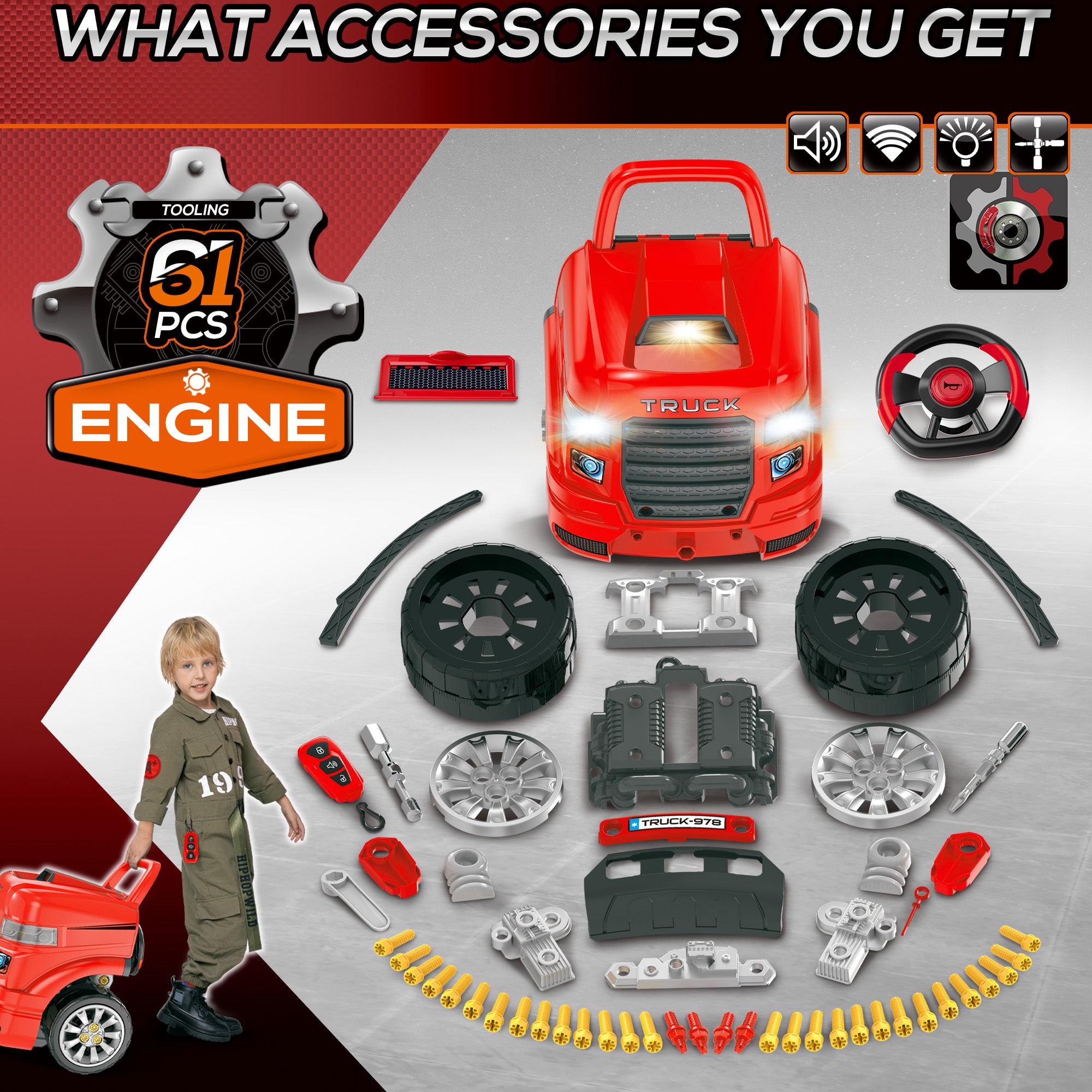 HOMCOM Kids Truck Engine Toy Set, Toddler Educational Car Service Station Playset, Take Apart Workshop, w/ RC Car Key, Steering wheel, Horn, Light, for 3-5 Years Old Red - North Peak Garden Furniture