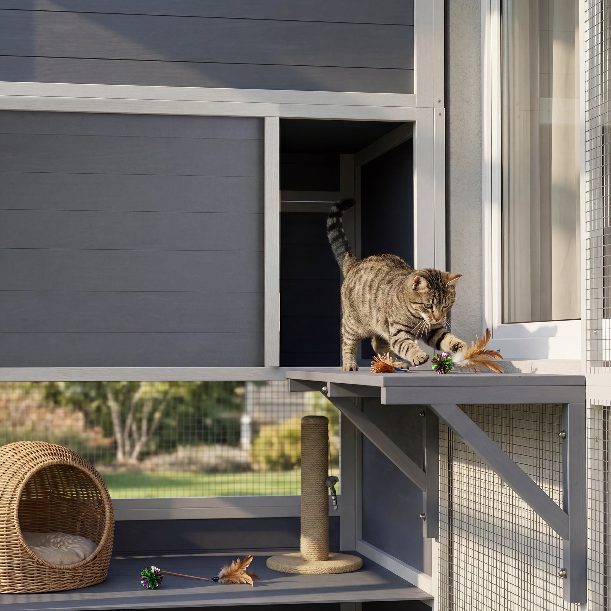 PawHut 4-Tier Wooden Catio Cat Outdoor Enclosure with Sun Roof, Resting Rooms, 3 Platforms, Window Outdoor Indoor, Grey