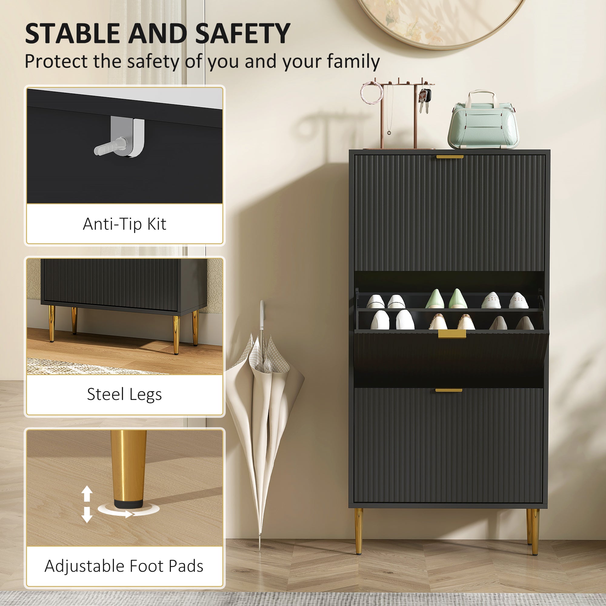 HOMCOM Narrow Shoe Cabinet with 3 Flip Drawers - Black