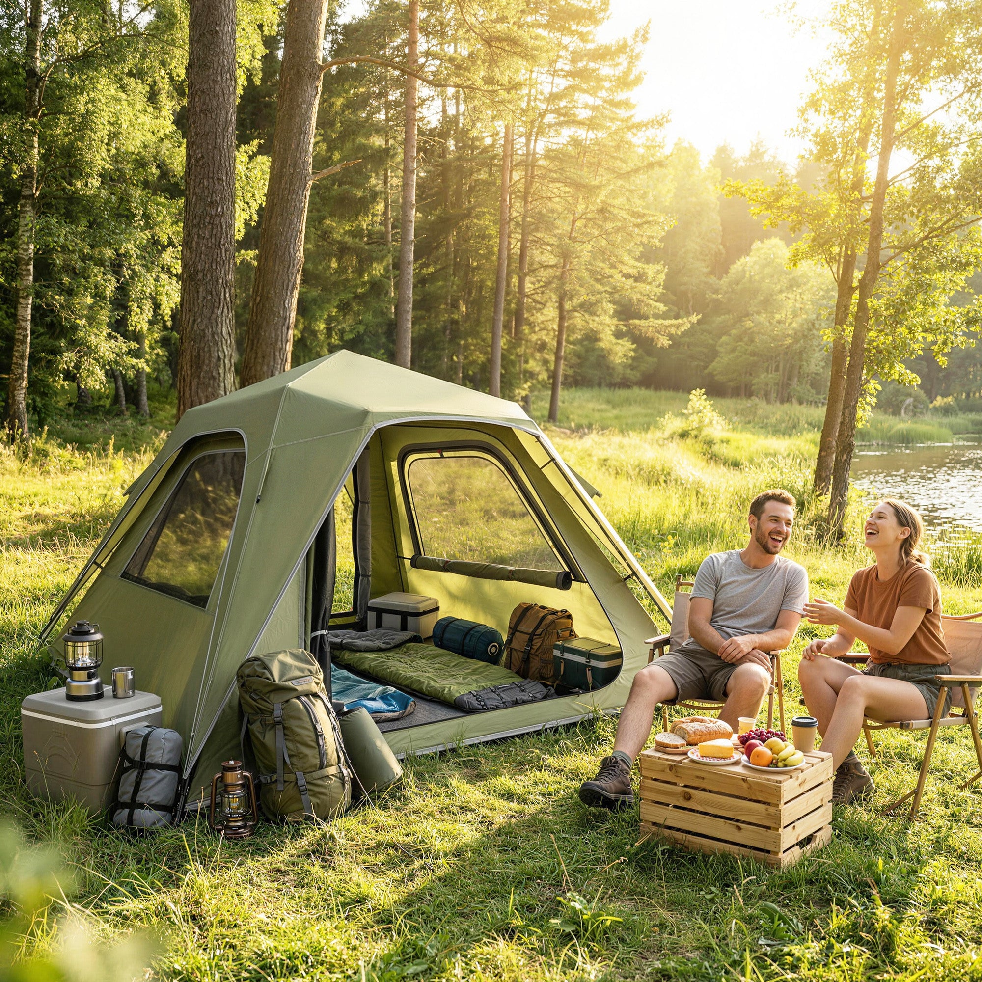 Outsunny Pop Up Tent 3000mm Waterproof Camping Tents with Mesh Windows 3-4 People Green