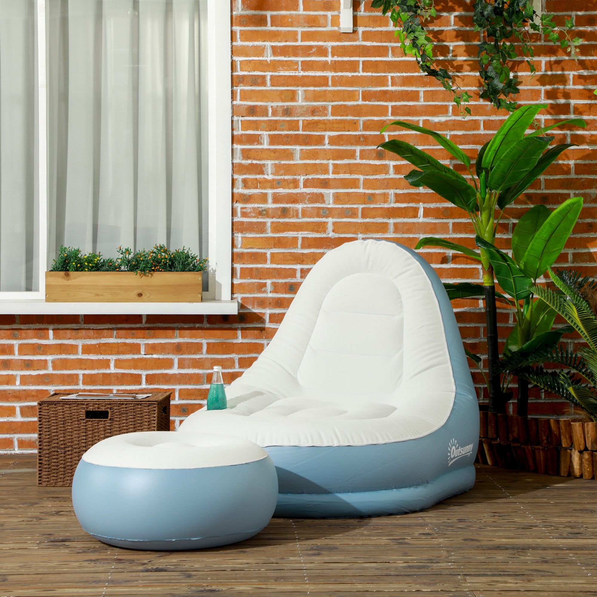 Outsunny Inflatable Tub Chair and Footstool - Blue/White - North Peak Garden Furniture