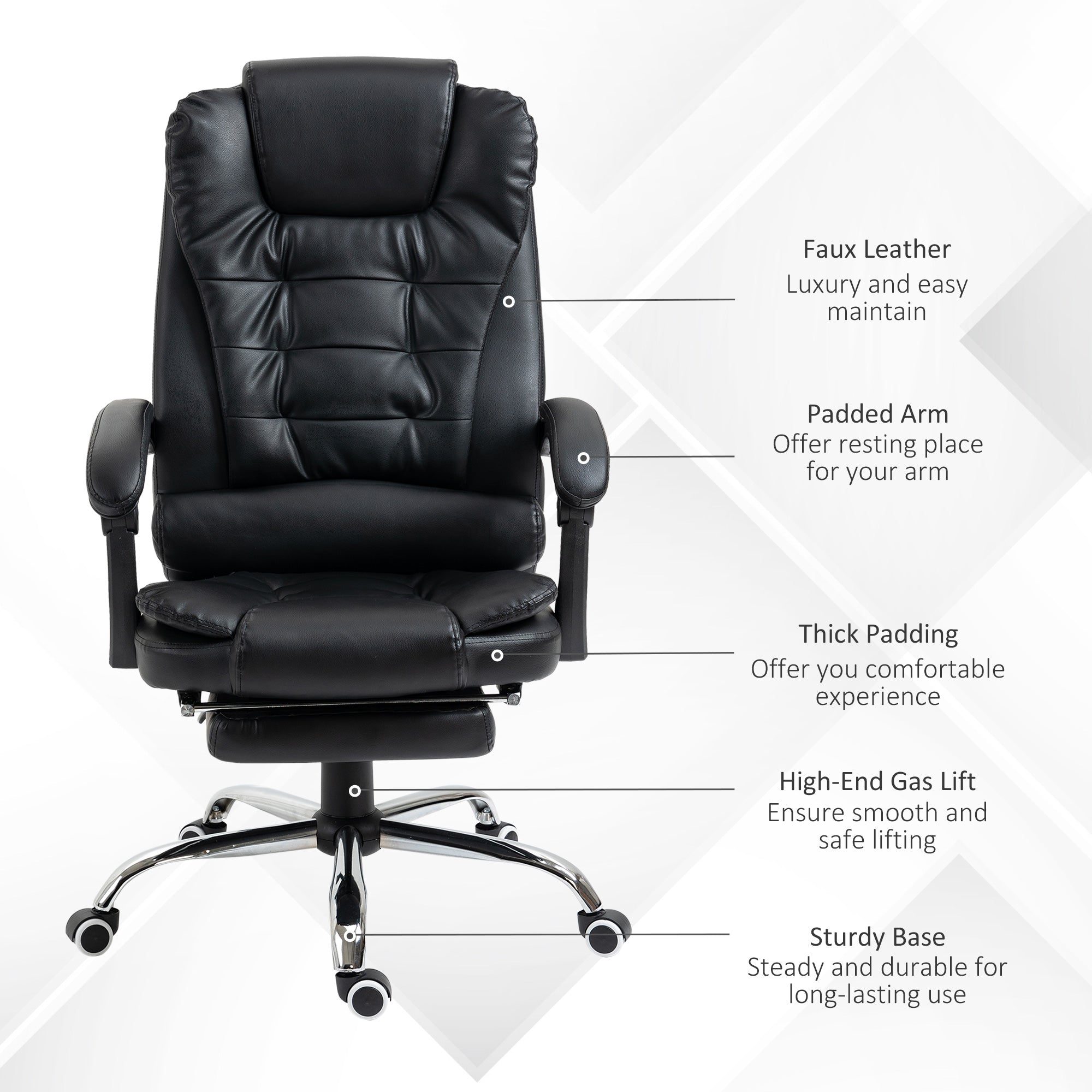 HOMCOM Executive Office Chair, PU Leather Home Office Chair with Swivel Wheels, Reclining Backrest, Retractable Footrest, Black - North Peak Garden Furniture