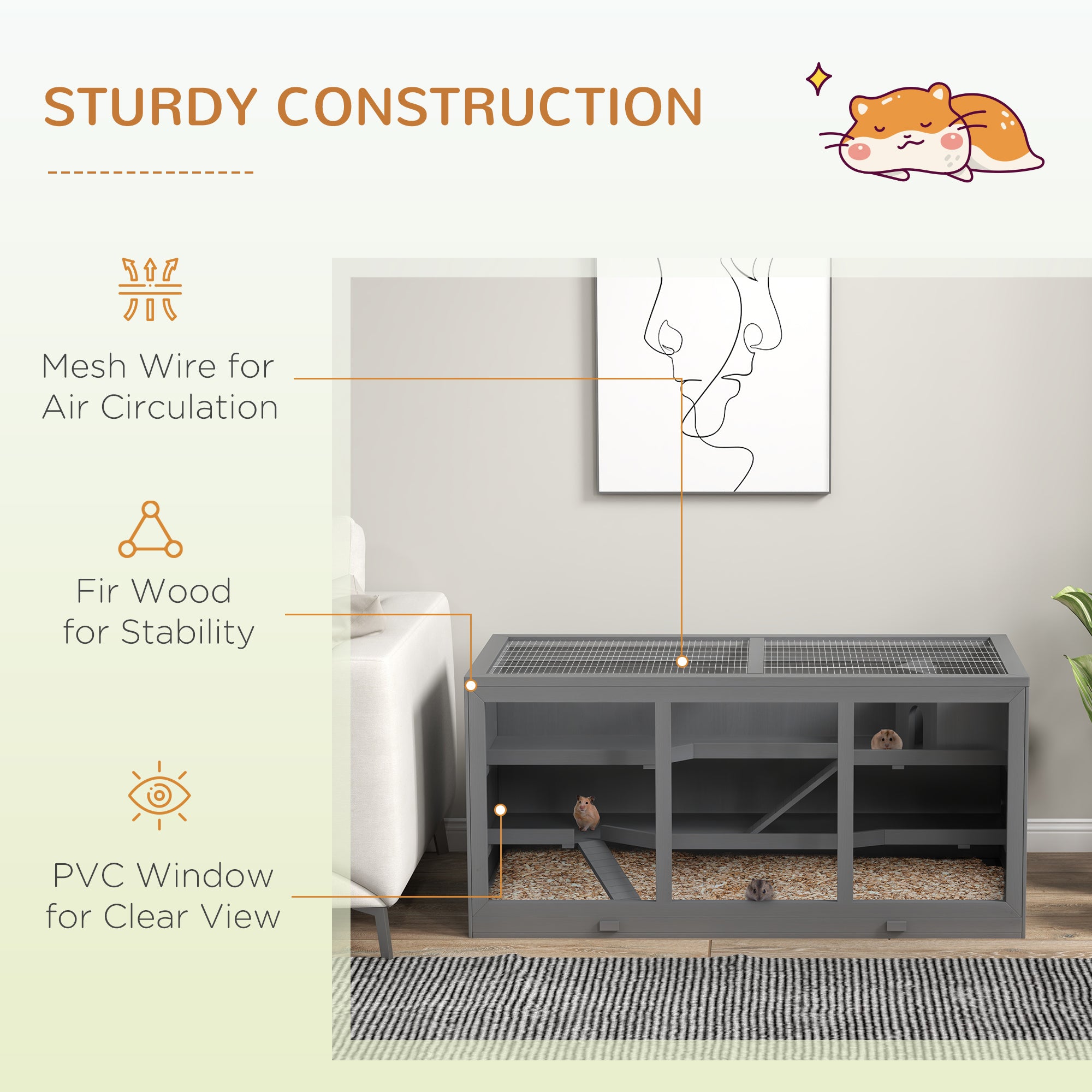 PawHut Wooden Hamster Cage, Small Animals Hutch with Tray, Openable Top, Exercise Play House Pen, 115L x 57W x 55Hcm, Grey