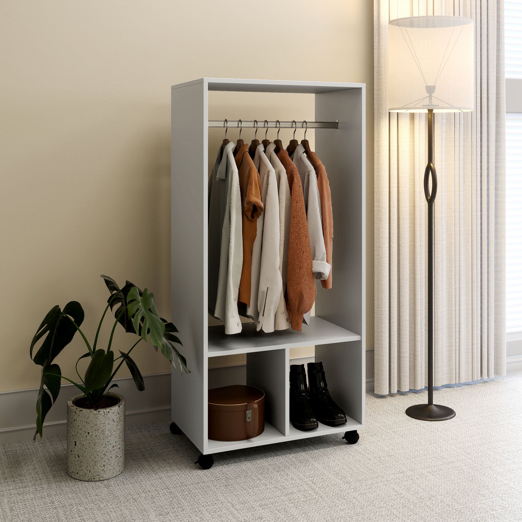HOMCOM Open Wardrobe for Bedroom, Small Wardrobe on Wheels with Clothes Rail, Storage Shelves, Mobile Garment Rack for Clothes Storage, Cloakroom, Hallway, Grey - North Peak Garden Furniture