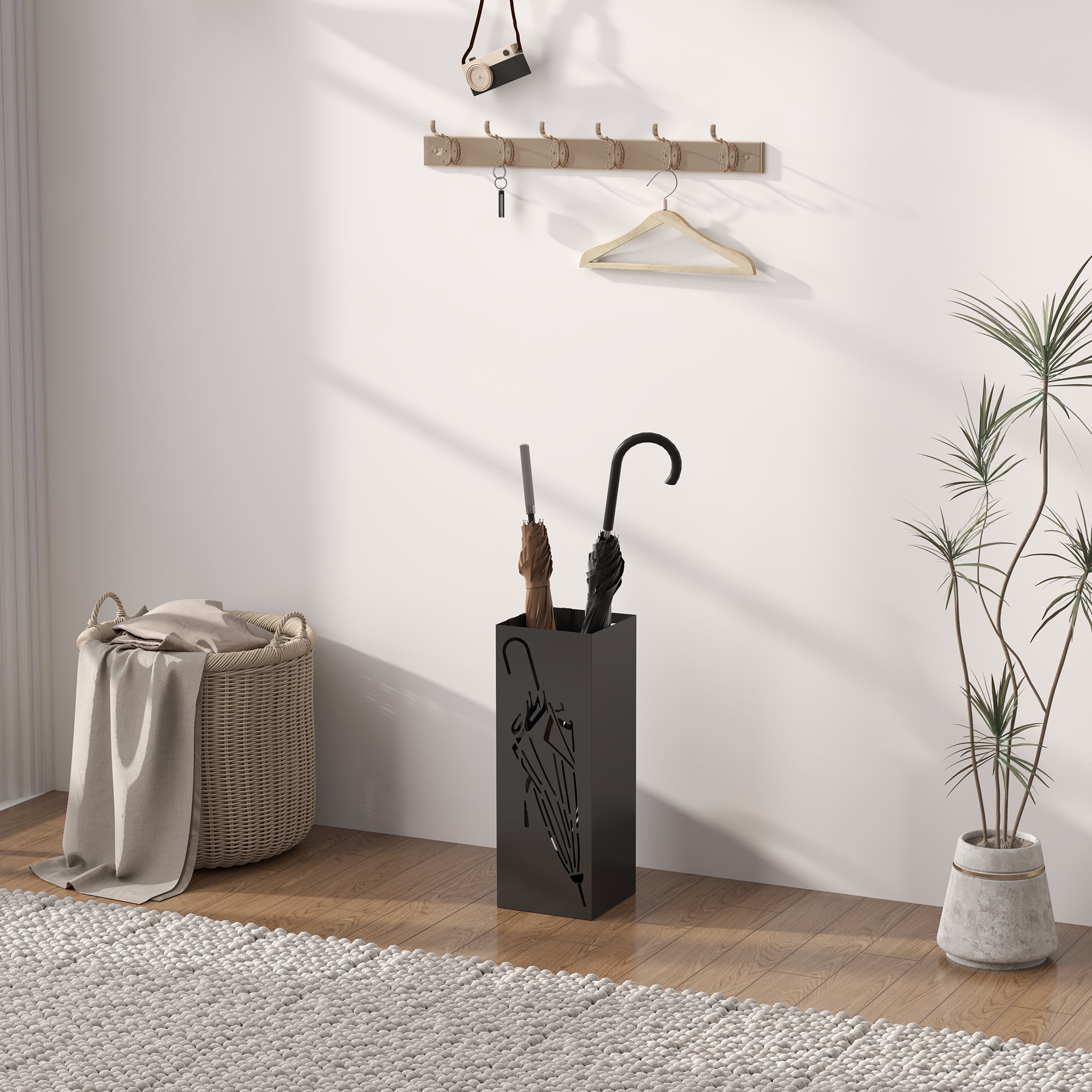 HOMCOM Metal Umbrella Stand, Square Umbrella Holder with 4 Hooks and Removable Drip Tray, Decorative Umbrella Storage Rack for Entryway, Hallway, 15.5 x 15.5 x 41 cm, Black - North Peak Garden Furniture