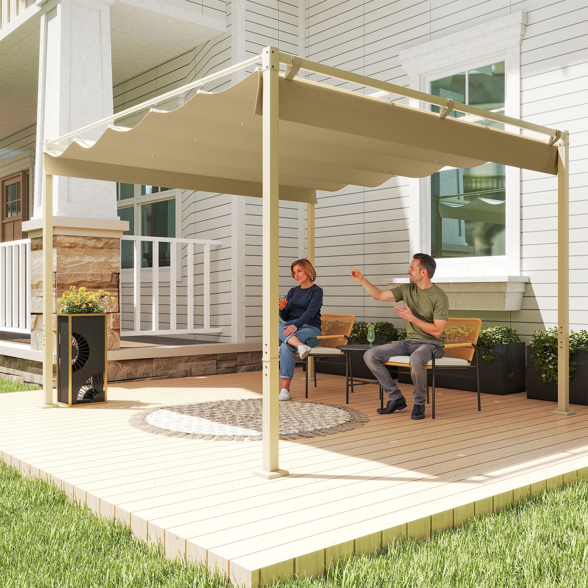 Outsunny 3 x 3(m) Garden Pergola with Retractable Roof and Magnetic Fixture, Outdoor Gazebo Pergola Kit Sun Shade Canopy, UPF30+, Khaki - North Peak Garden Furniture